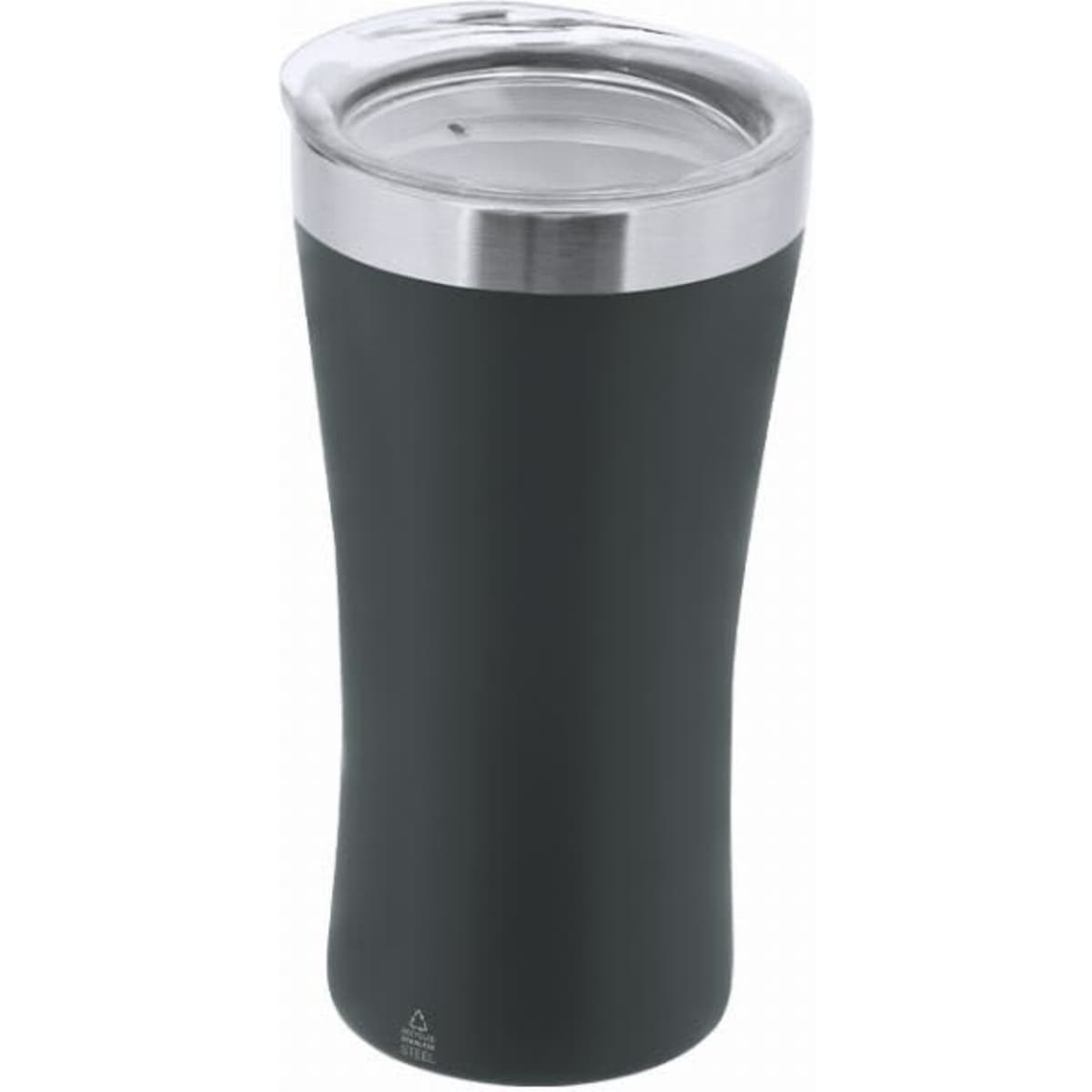 A drink bottle with a sleek black design, featuring a stainless steel lid and a curved shape. It includes a logo.