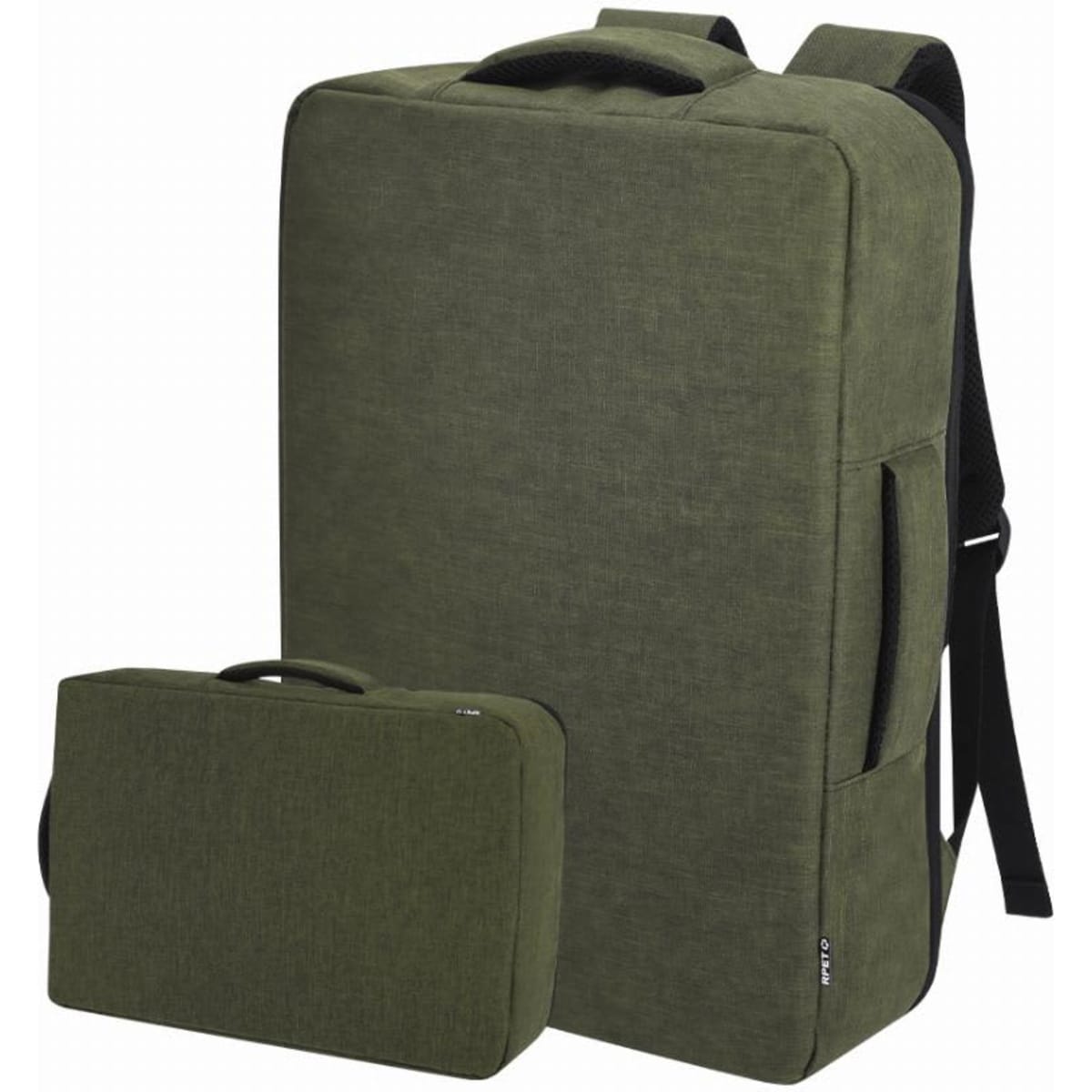 A green backpack set featuring a large main bag and a smaller detachable case, both with handles and adjustable straps.