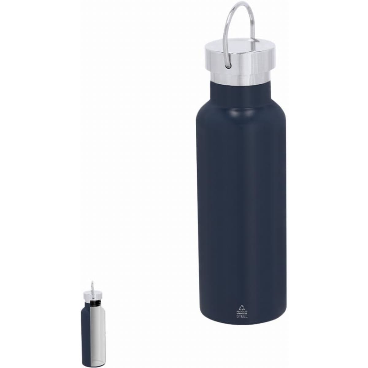 A drink bottle in navy blue with a silver lid and a loop handle, featuring a logo on the bottom.
