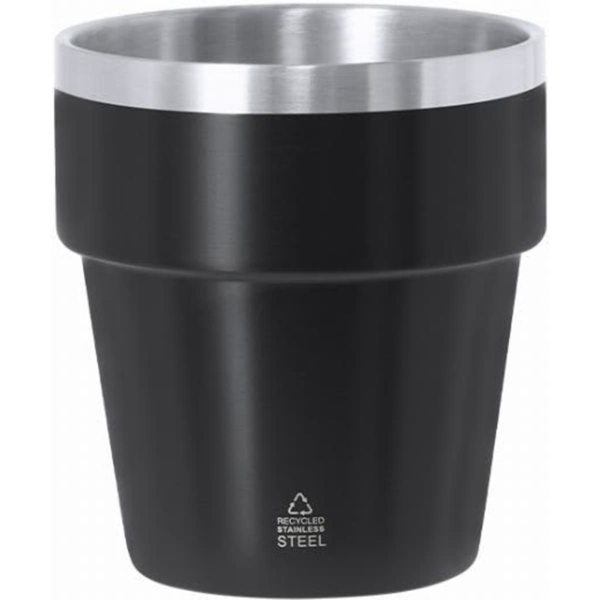 A drink bottle in a black, eco-friendly design with a stainless steel rim and a recycling logo on the base.
