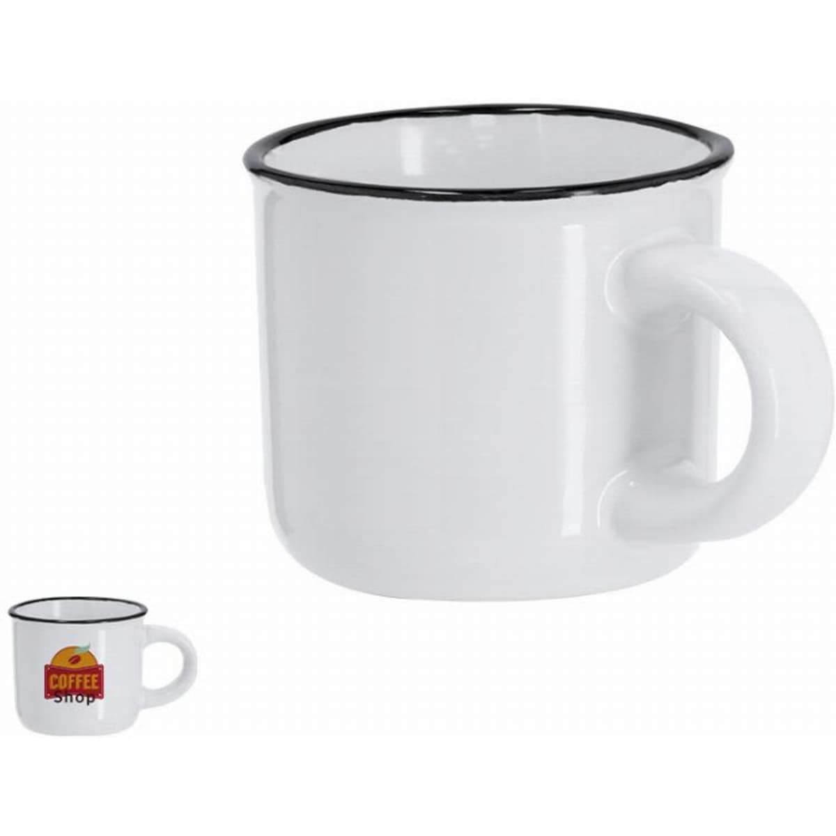 A white enamel mug with a black rim and a curved handle, featuring a logo on the front.