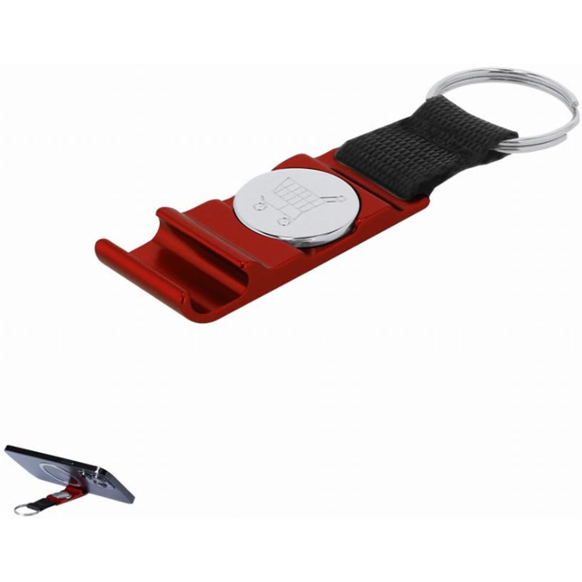 A red promotional keychain with a metal clip and a circular attachment, featuring a logo.
