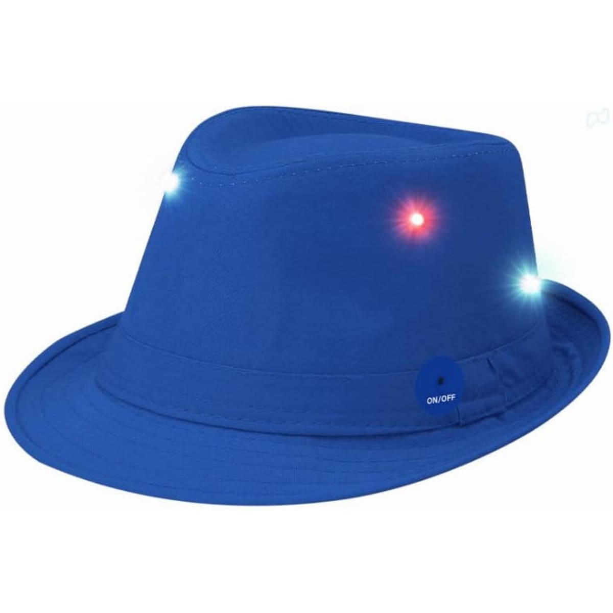 A blue fedora hat with built-in LED lights and an on/off switch, featuring a circular logo.