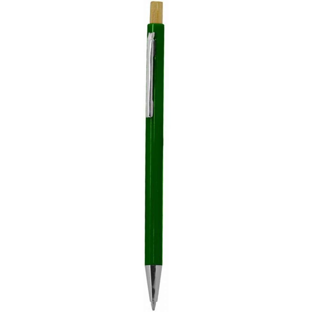 A green pen with a silver clip and a wooden top. The pen has a sleek, modern design.