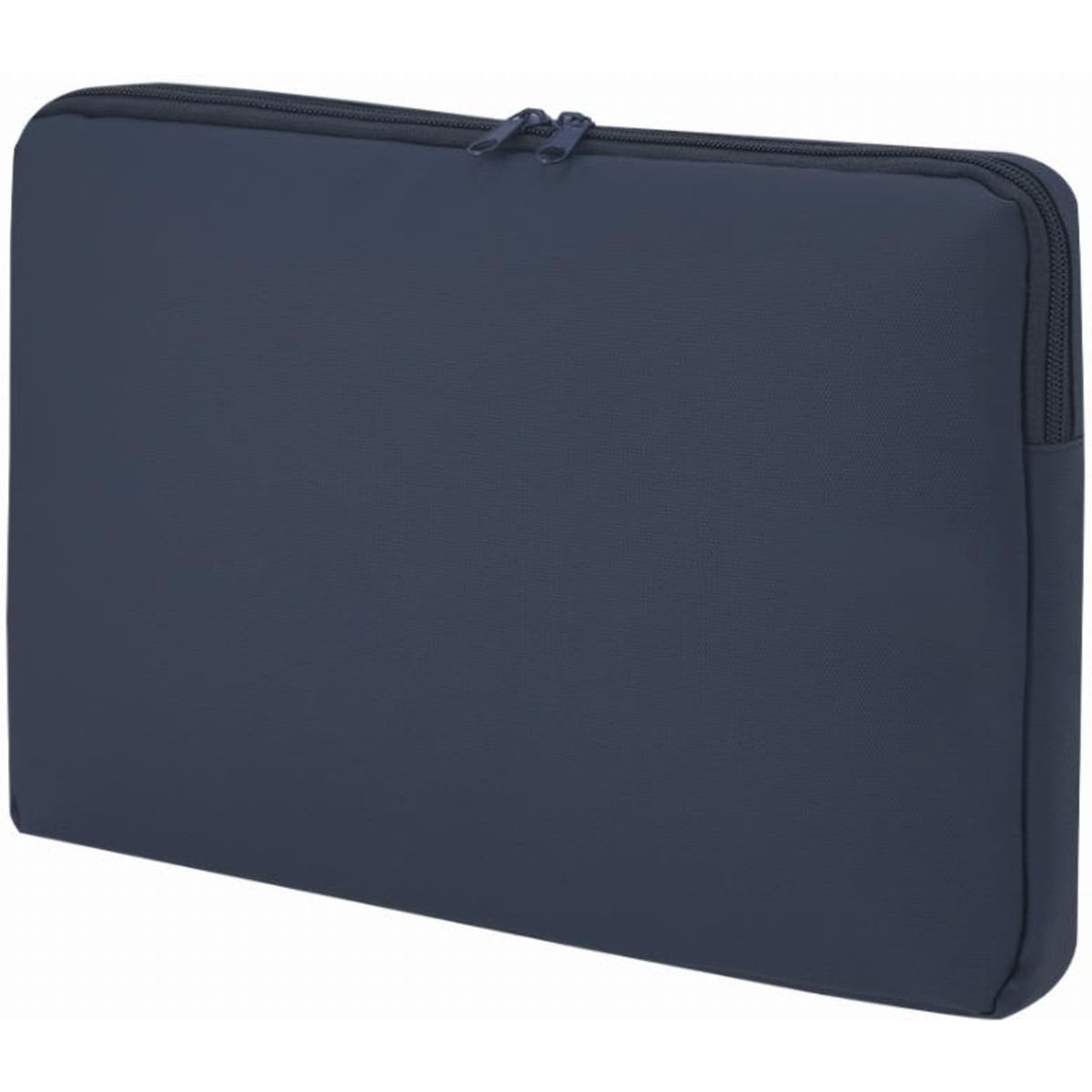 A laptop sleeve in navy blue with a zip closure, featuring a simple and sleek design. It has no visible branding.