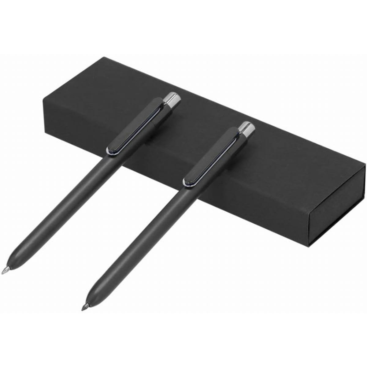 A set of black pens displayed in a sleek black box, featuring a silver clip and trim.