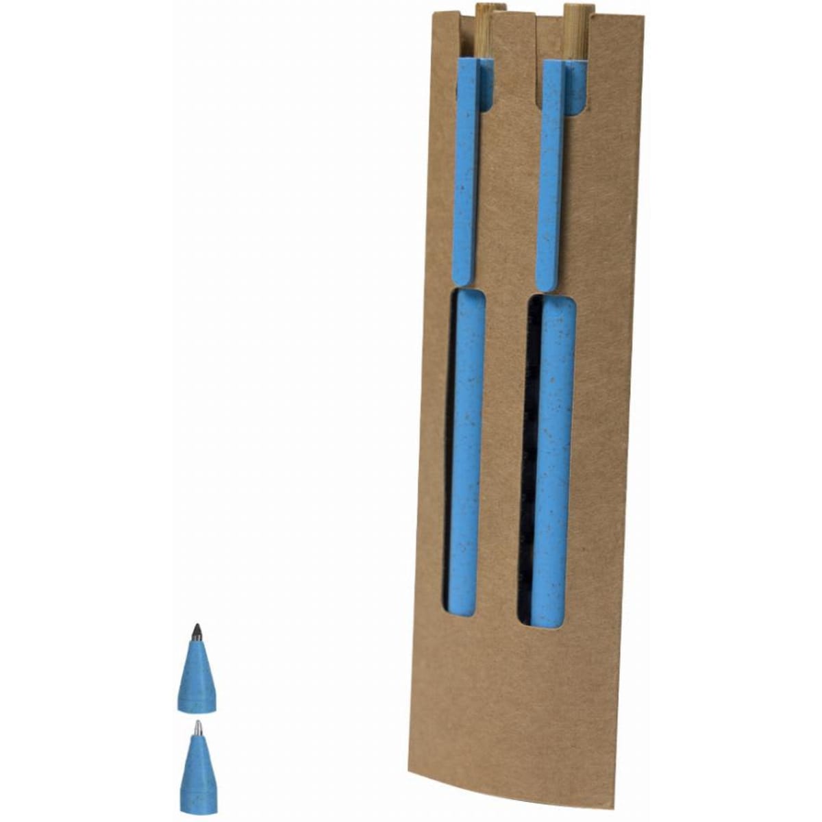 A cardboard packaging containing two blue drink bottles and two matching caps. The exterior has cut-out sections.