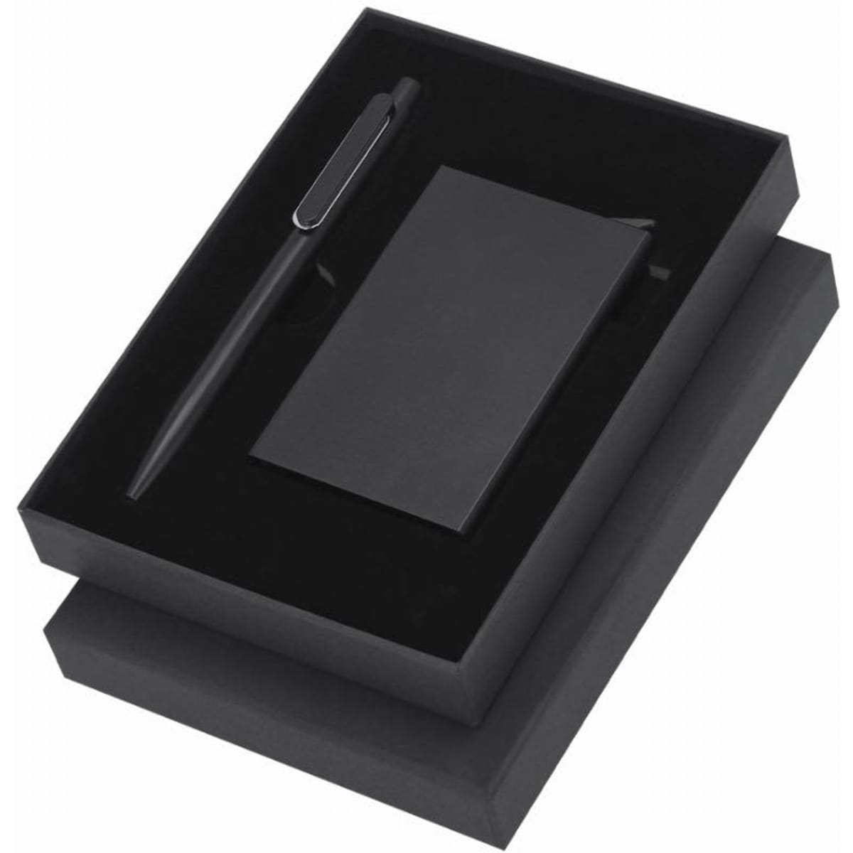 A black gift set featuring a pen and a notepad, presented in a sleek black box with a soft interior.