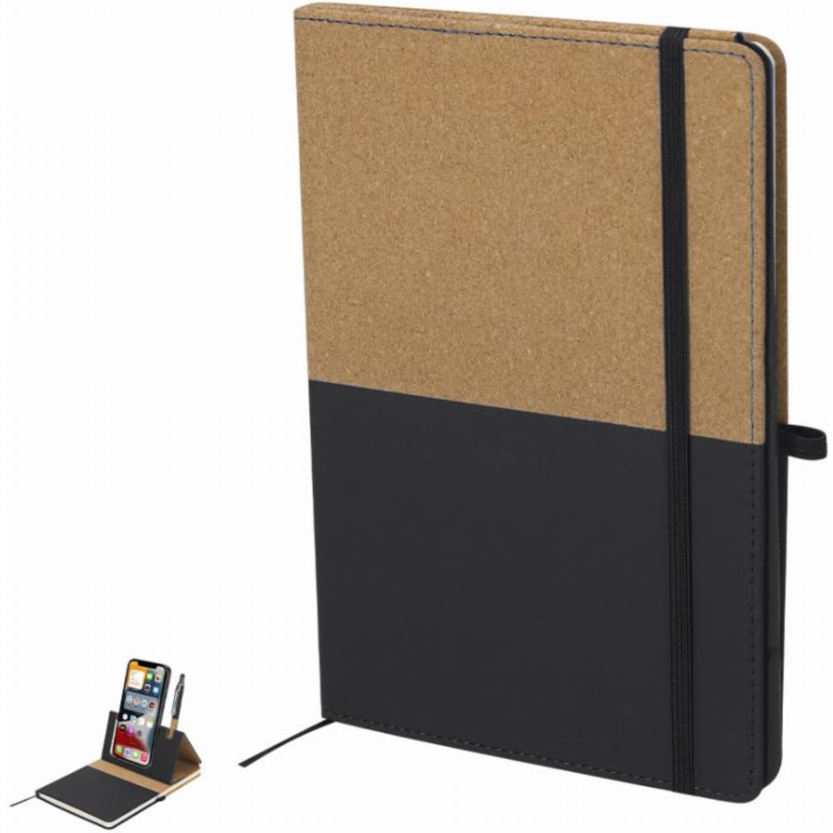 A notebook with a cork top half and a black bottom half, featuring an elastic band and a stand for devices.