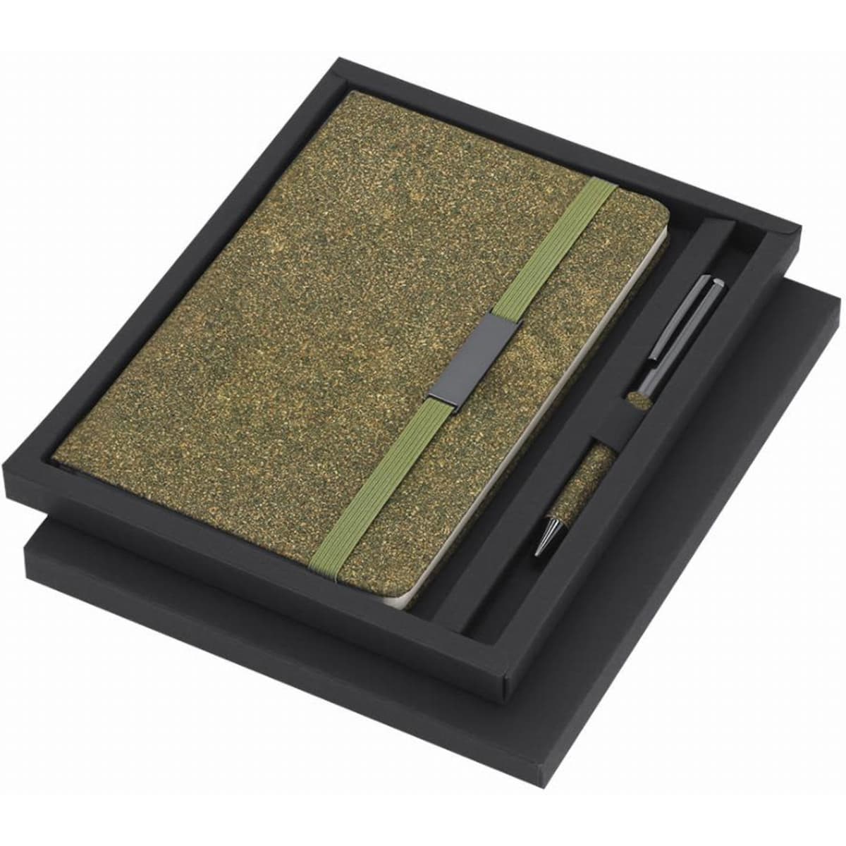 A gift set featuring a green textured notebook and pen, presented in a sleek black box.