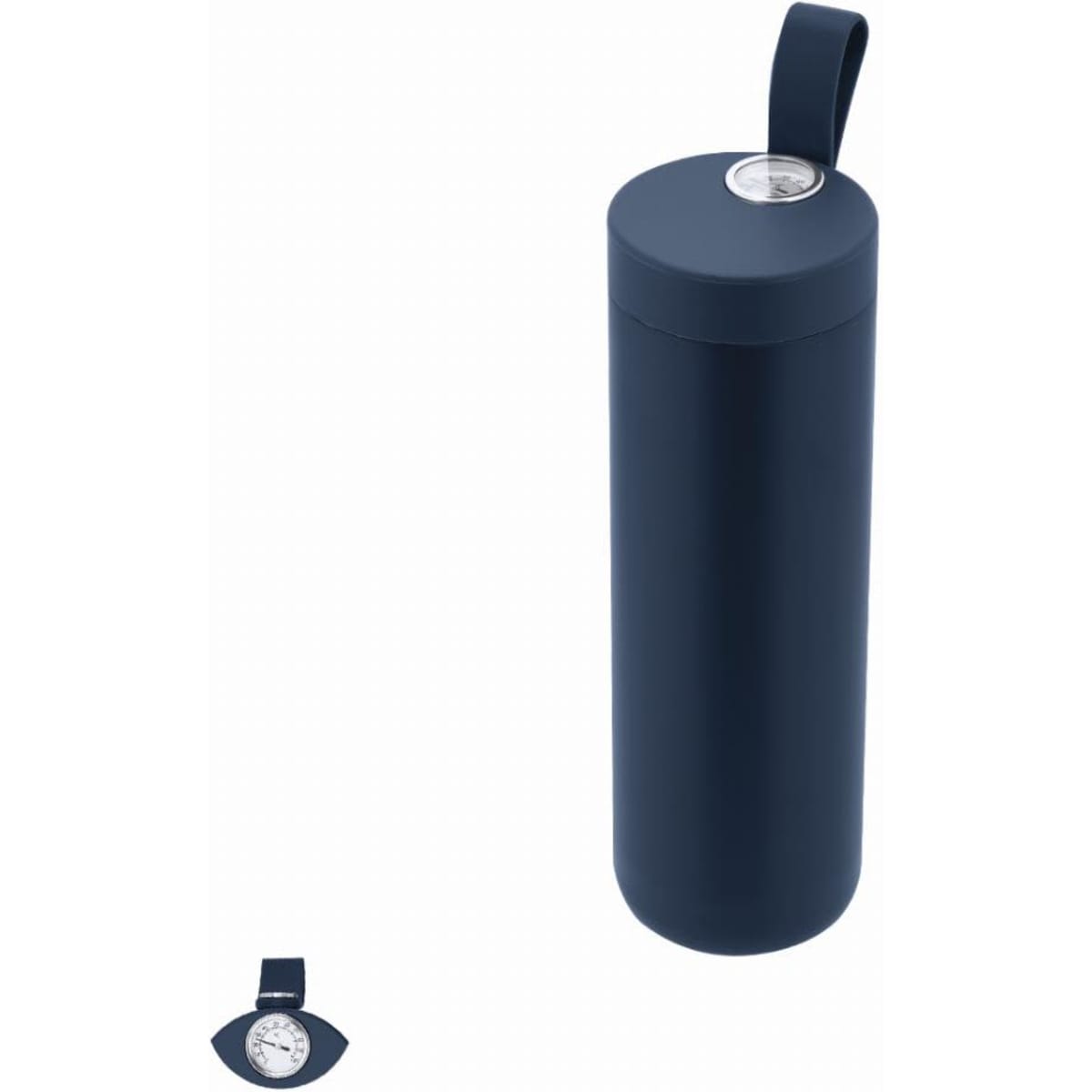 A drink bottle in navy blue with a round lid and a carrying handle, featuring a logo on the body.