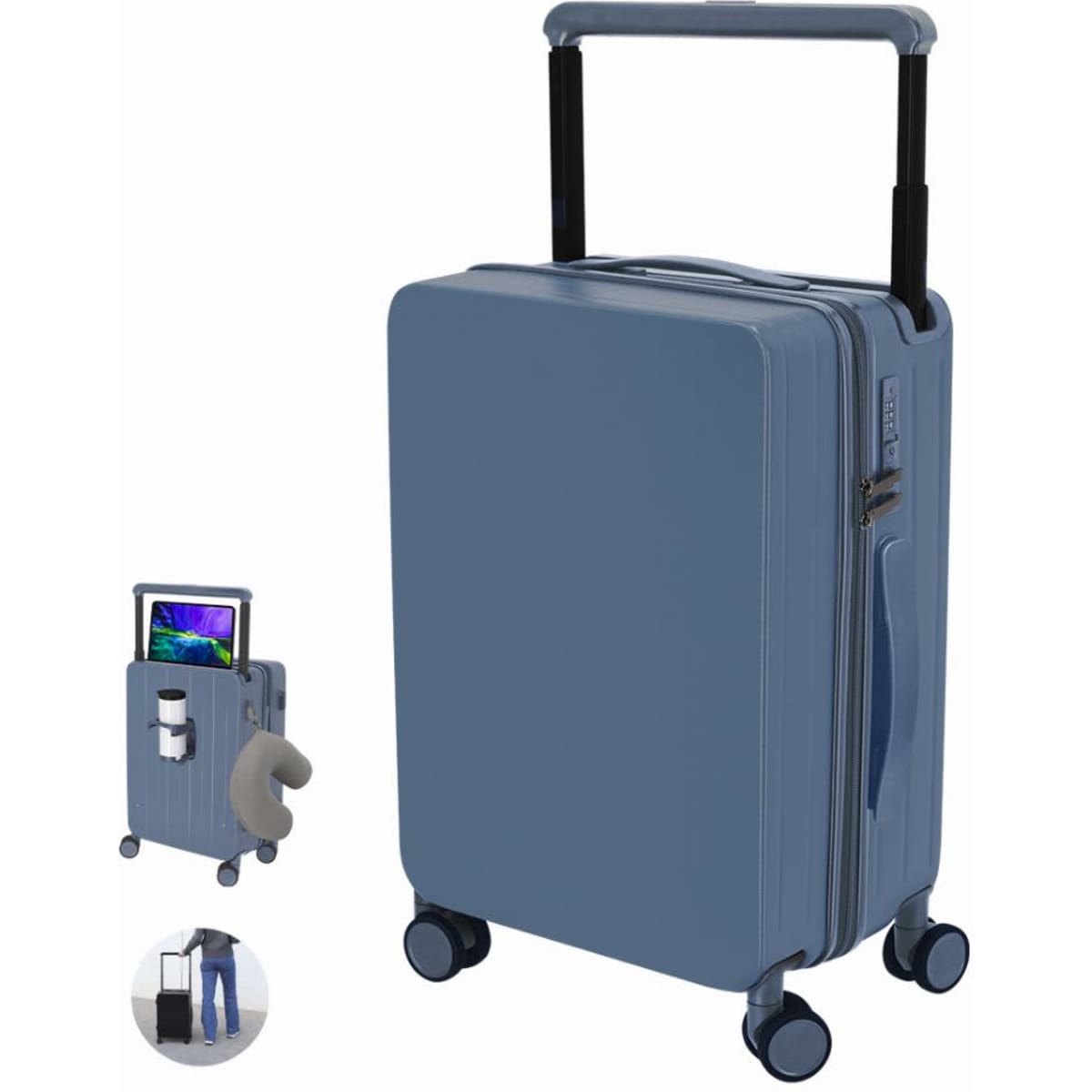 A blue suitcase with a retractable handle and wheels, featuring an integrated compartment for a drink and tablet.