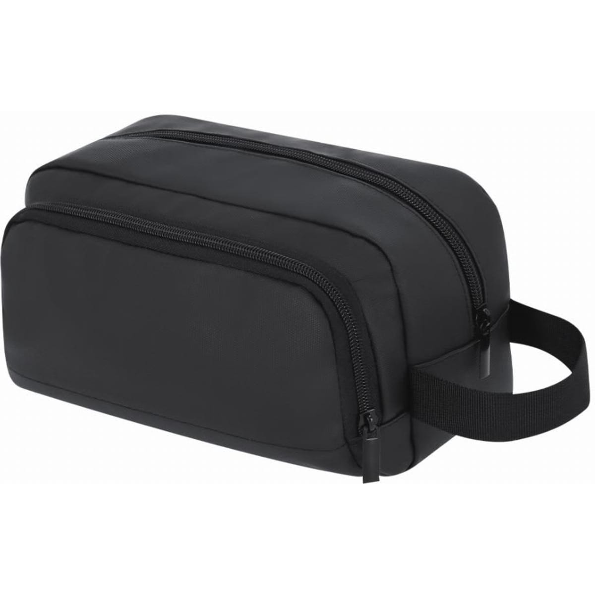 A black toiletry bag with two zip compartments and a side handle. It has a sleek and minimalist design.
