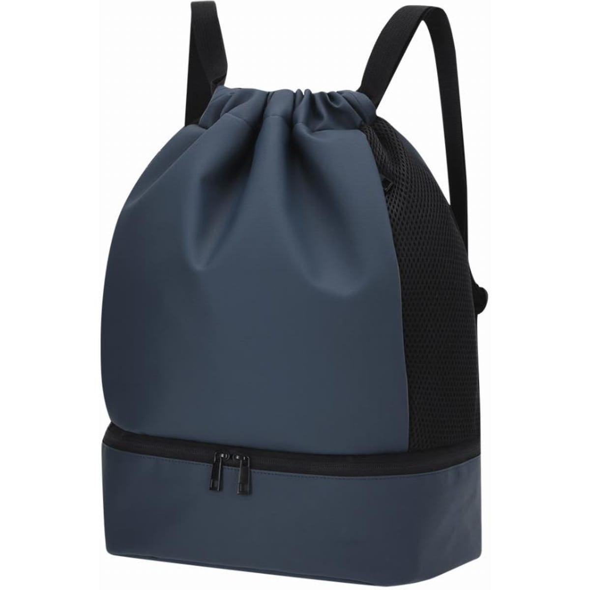 A drawstring backpack in dark blue with a mesh side panel and a zippered bottom compartment.