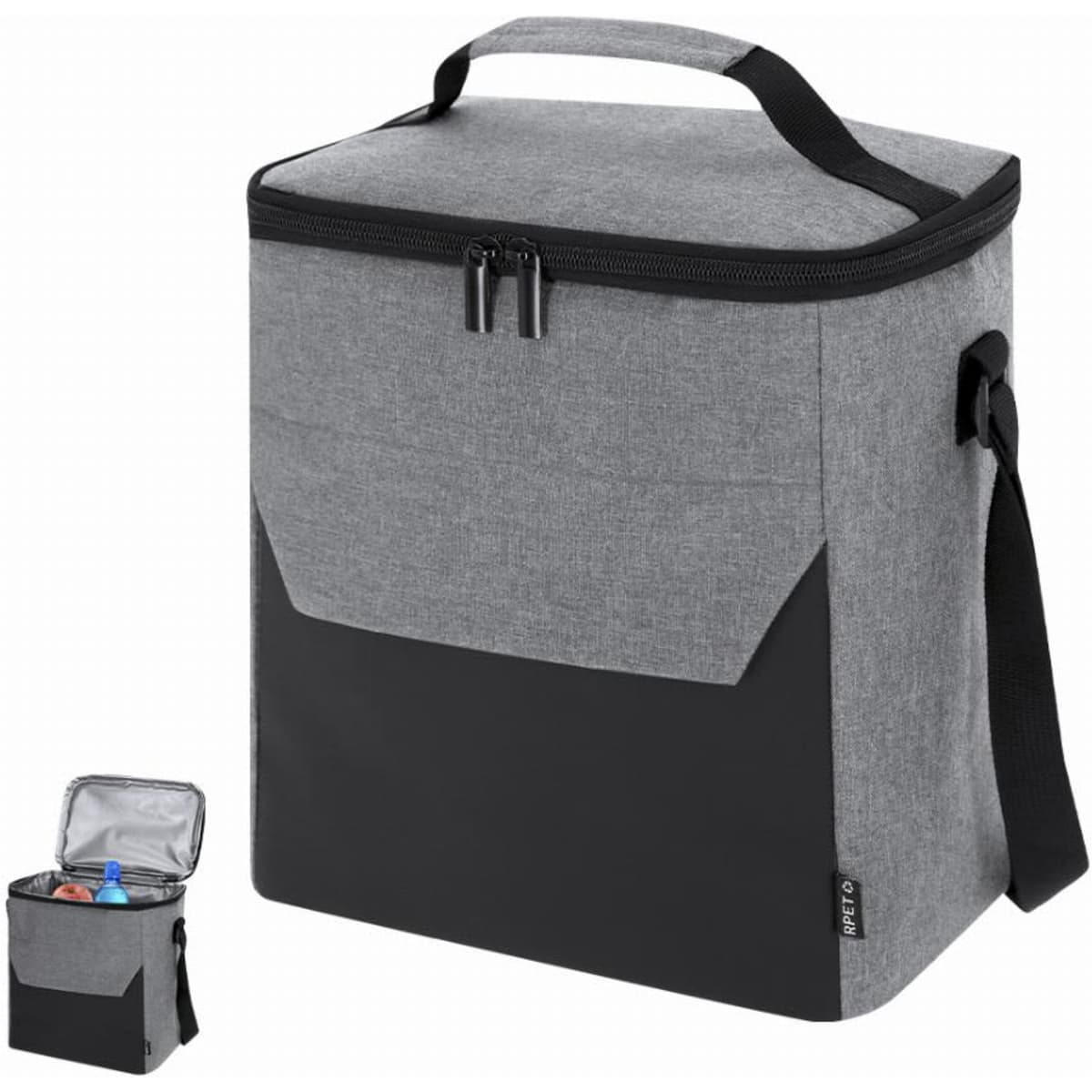 A grey and black insulated cooler bag with a zippered top and a removable shoulder strap.