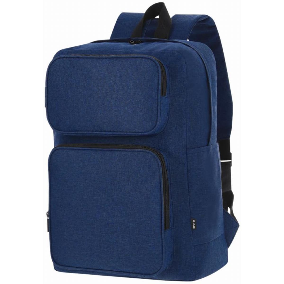A navy blue backpack featuring multiple zippered compartments and padded shoulder straps.
