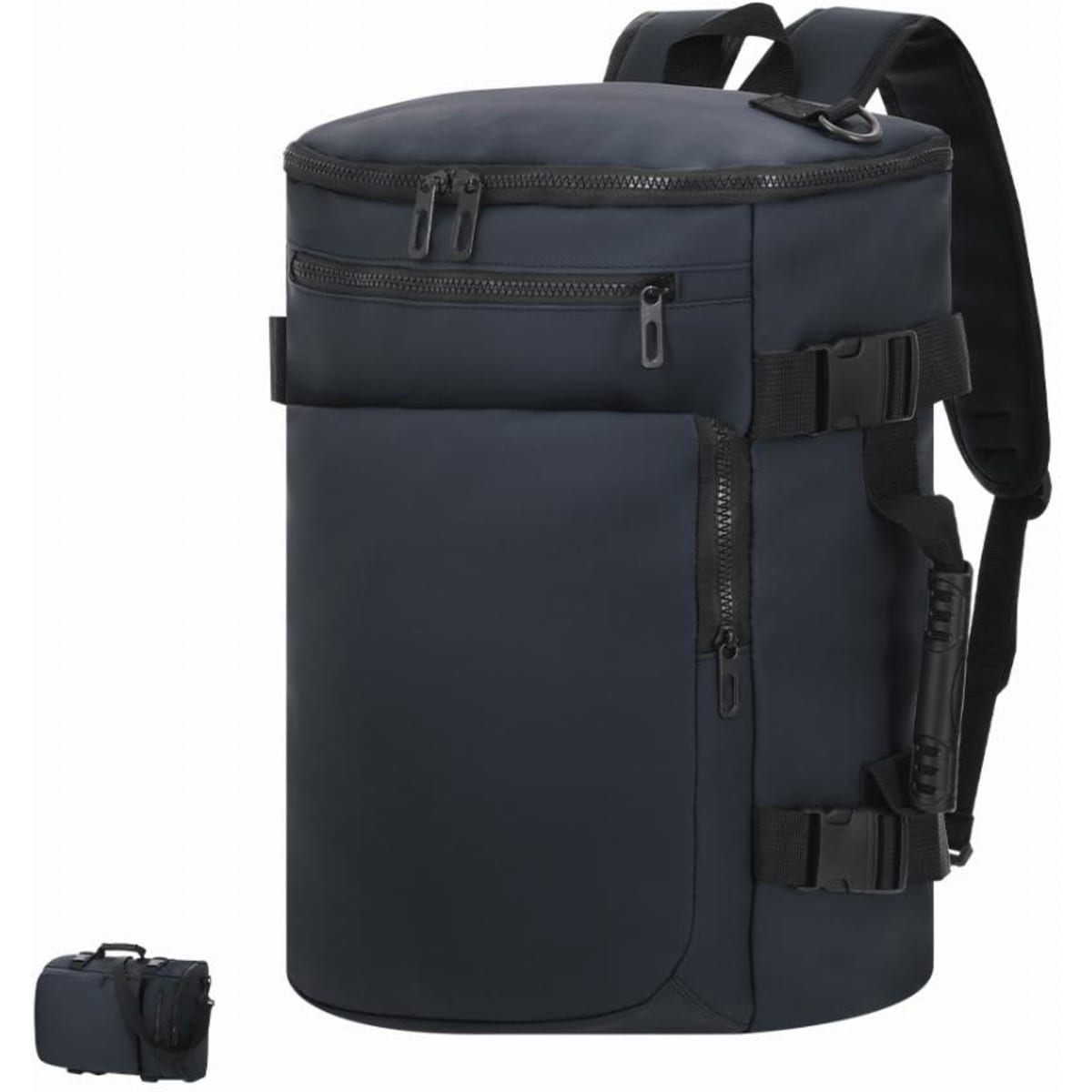 A backpack in navy blue with a rounded top, front pocket, and adjustable straps. It features zippered compartments and a logo.