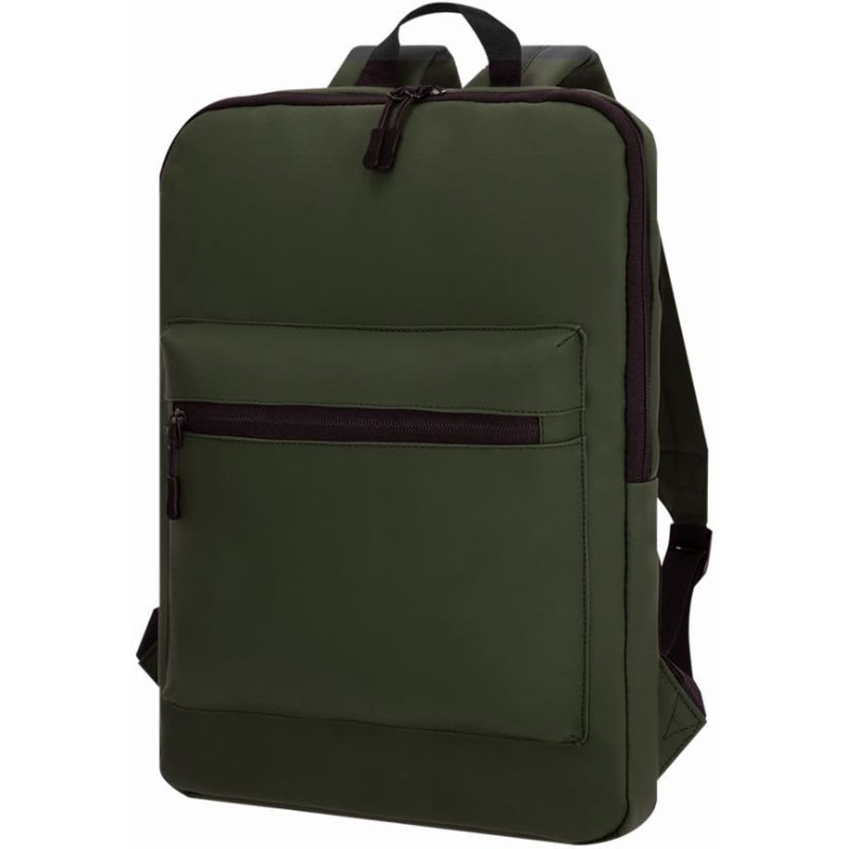 A green backpack with a front pocket and adjustable straps, featuring a sleek, minimalist design.