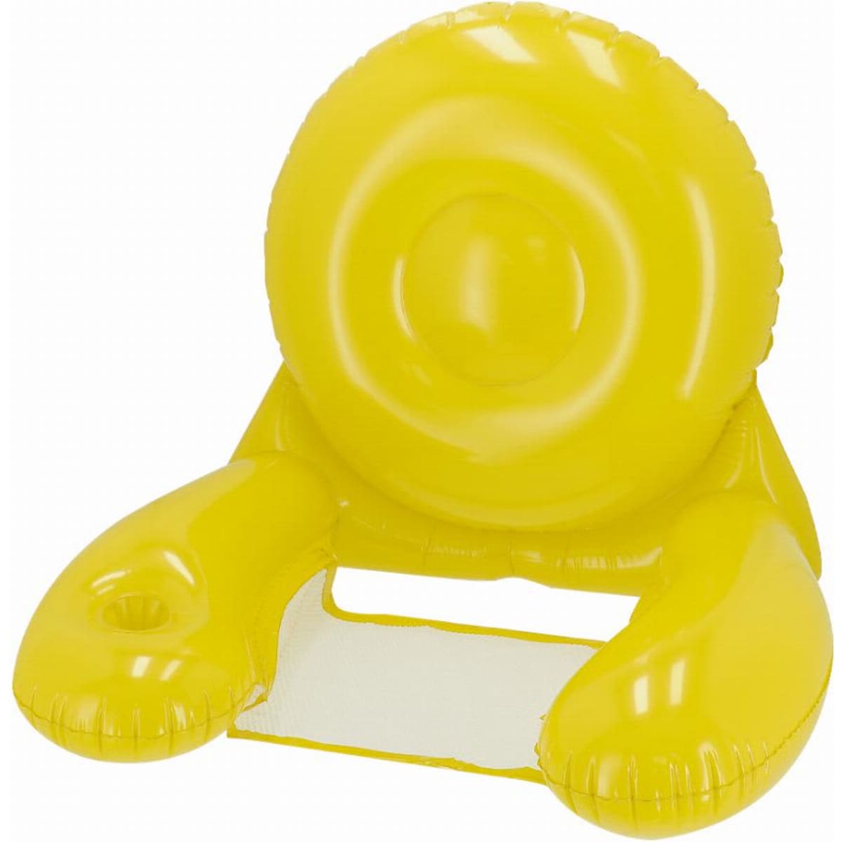 A yellow inflatable float with a circular ring and two armrests. It features a transparent seat panel.