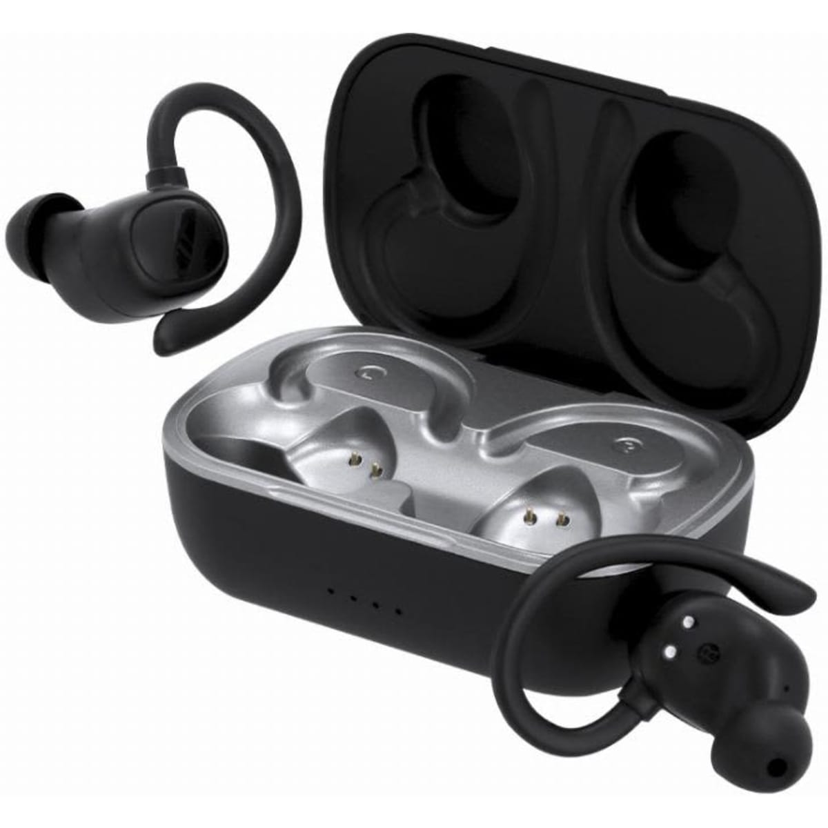 Wireless earbuds in a black charging case, featuring a sleek design and ear hooks for a secure fit.