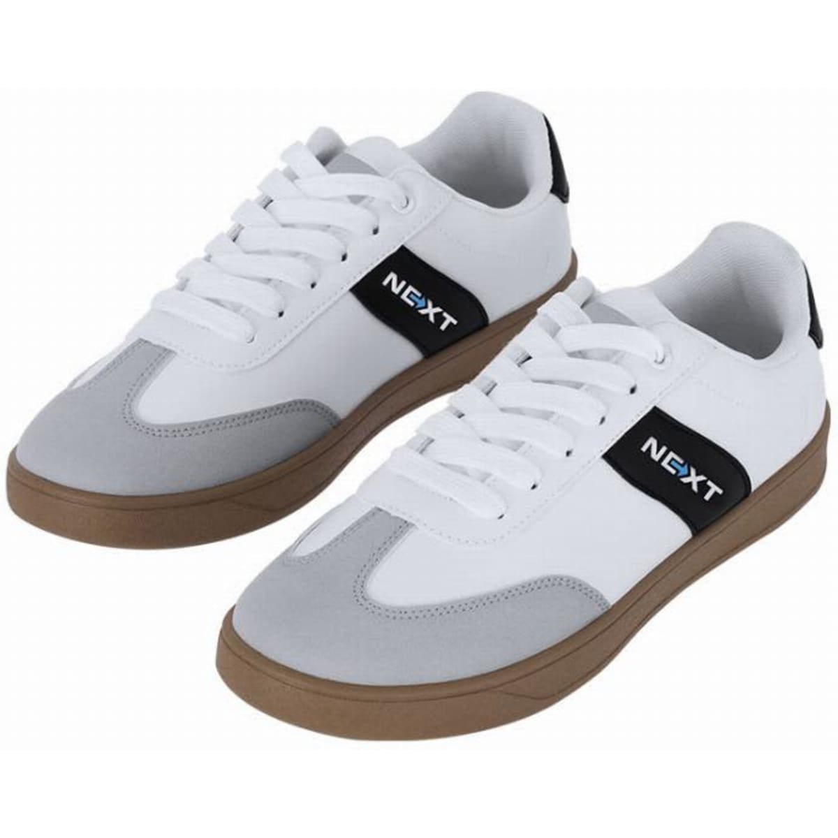 A pair of white and grey sneakers with a black logo on the side and a gum sole.
