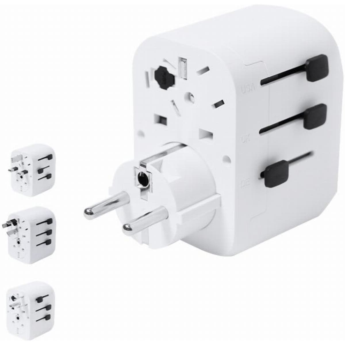 A white travel adapter featuring multiple plug configurations and a universal socket design. It has a small logo visible.