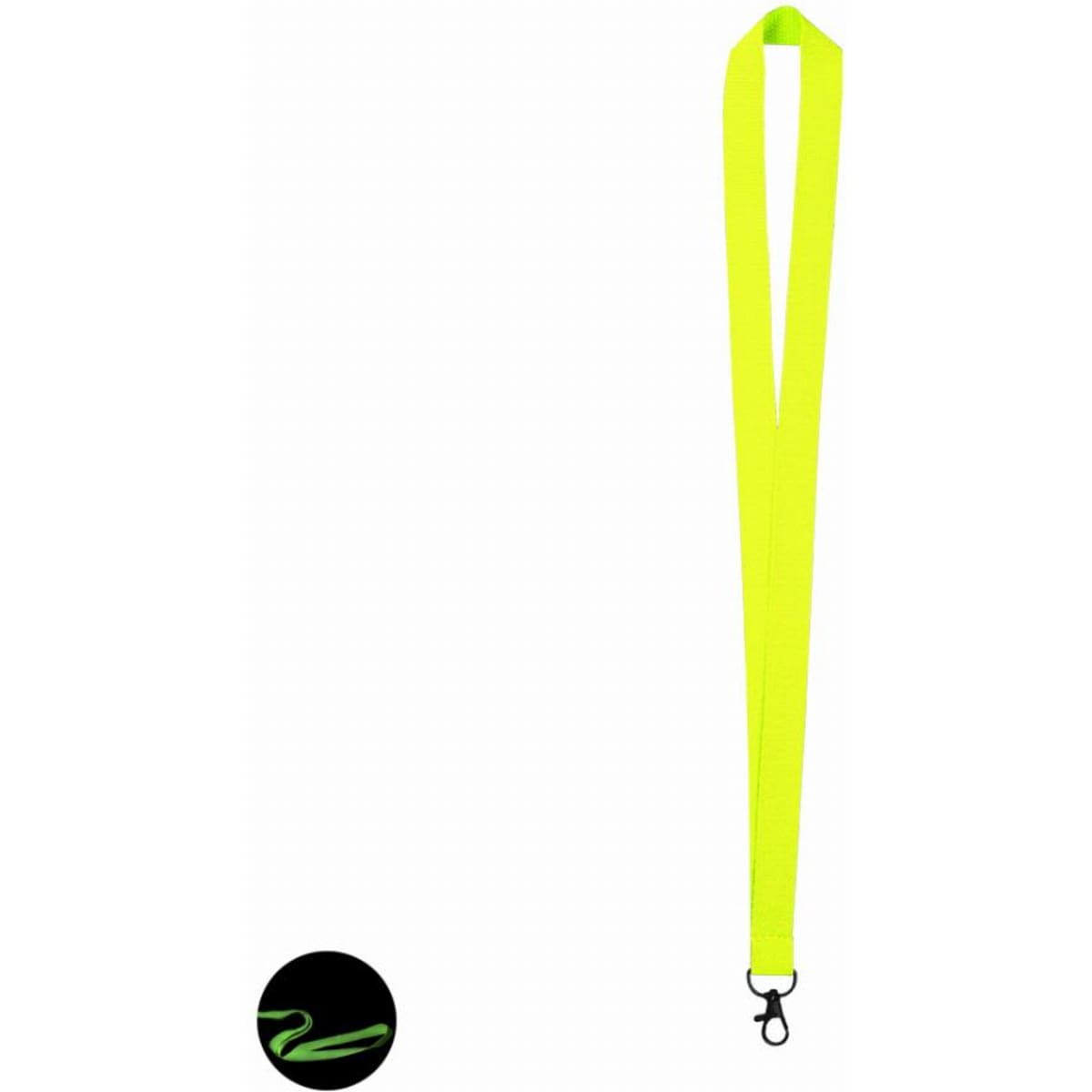 A bright yellow lanyard featuring a clip for attaching items, with a logo at the bottom.