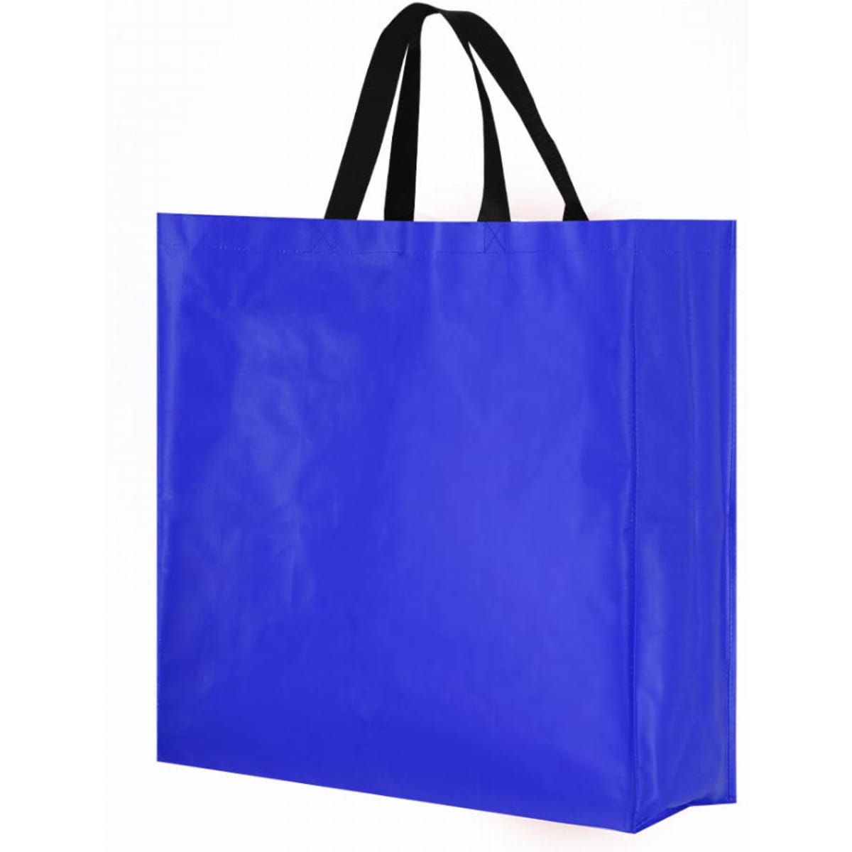 A reusable shopping bag in vibrant blue, featuring black handles and a simple design.