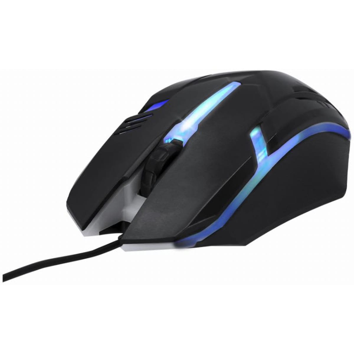 A gaming mouse in black with blue LED lighting and a sleek design. Features a scroll wheel and cable.