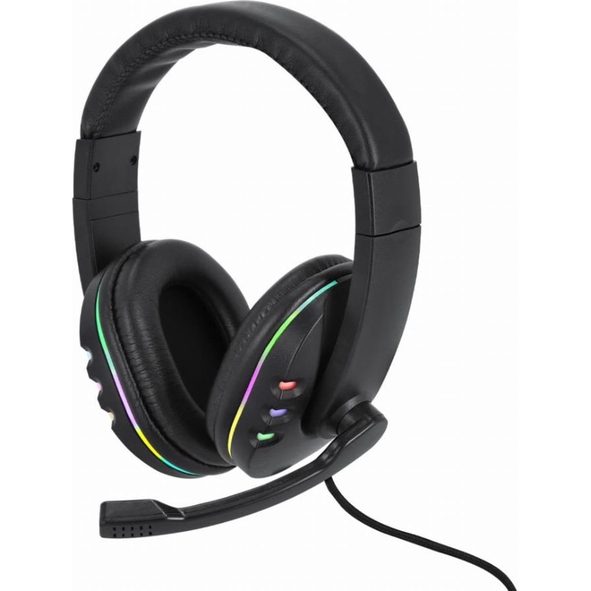 A black headset with a flexible microphone and colourful LED accents on the earcups.