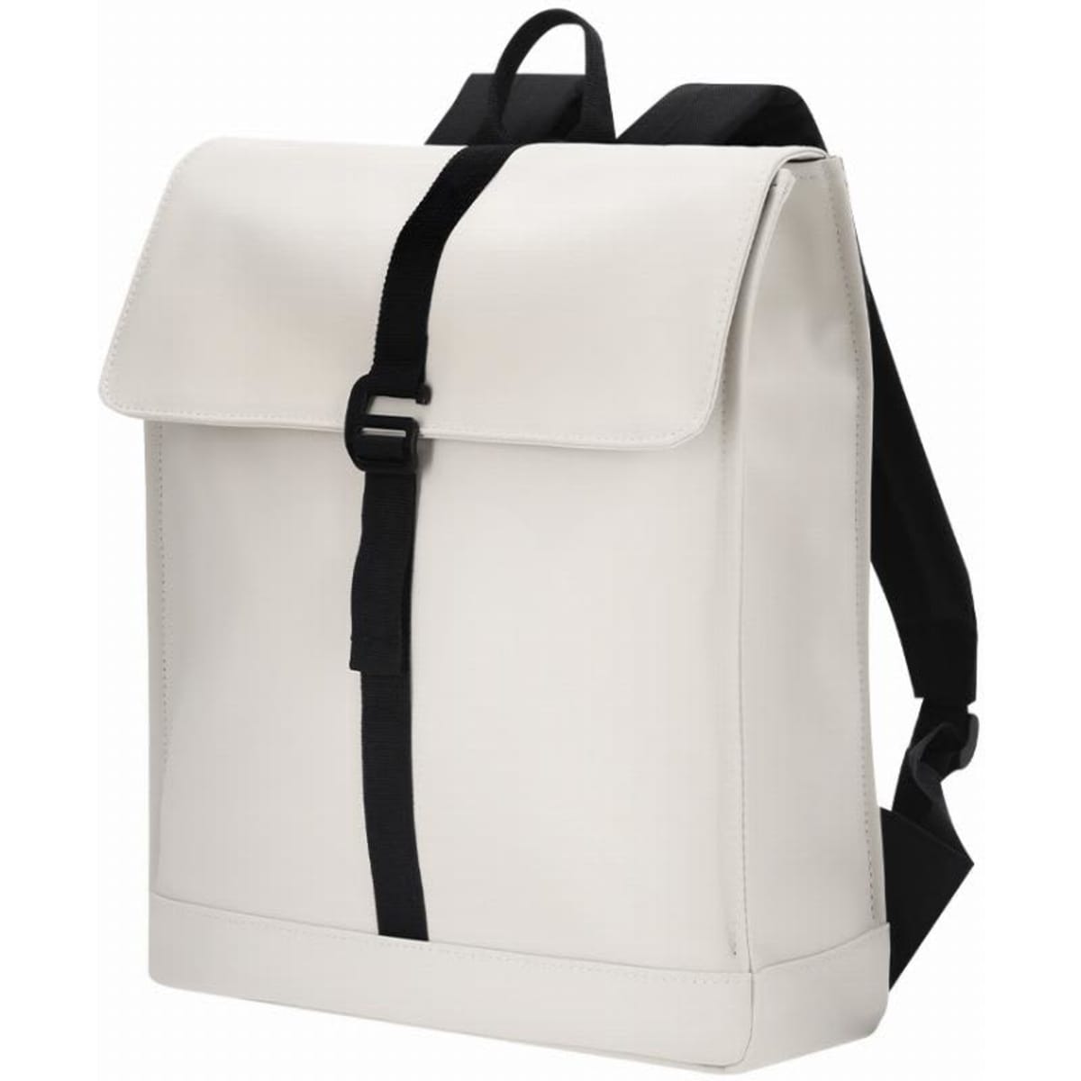 A white backpack with a flap closure and black straps, featuring a simple and modern design.
