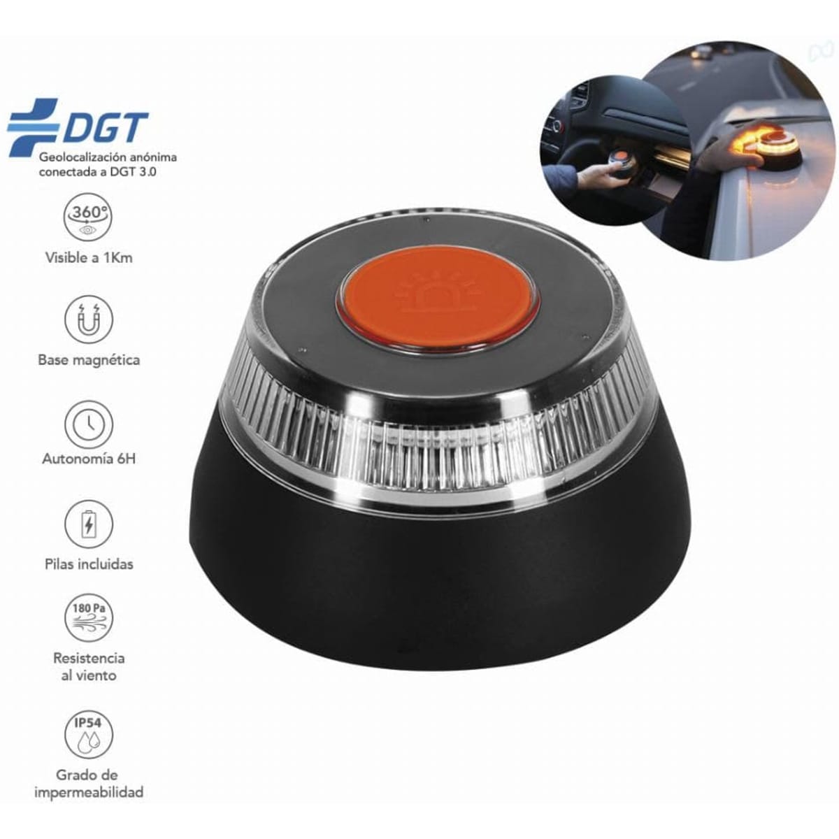 A safety beacon with a magnetic base, featuring a red button and a clear lens, designed for visibility.