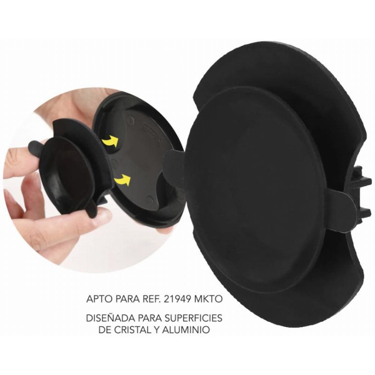 A black accessory with a curved shape, designed for glass and aluminium surfaces, featuring a logo.