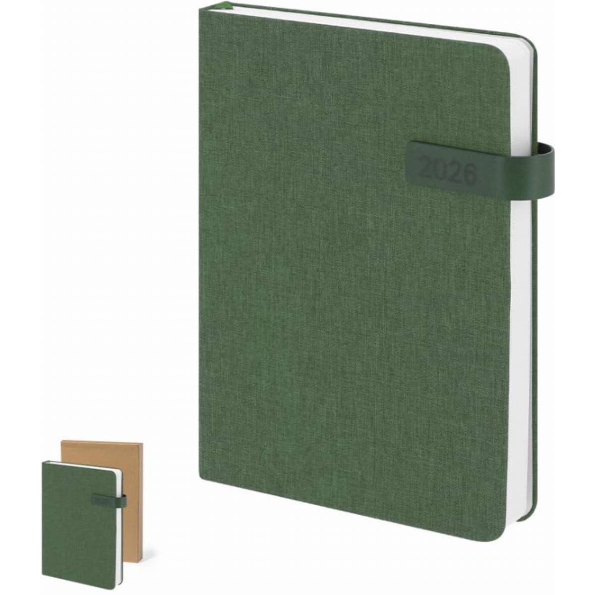 A green notebook with a textured cover and an elastic band, accompanied by a smaller brown booklet.