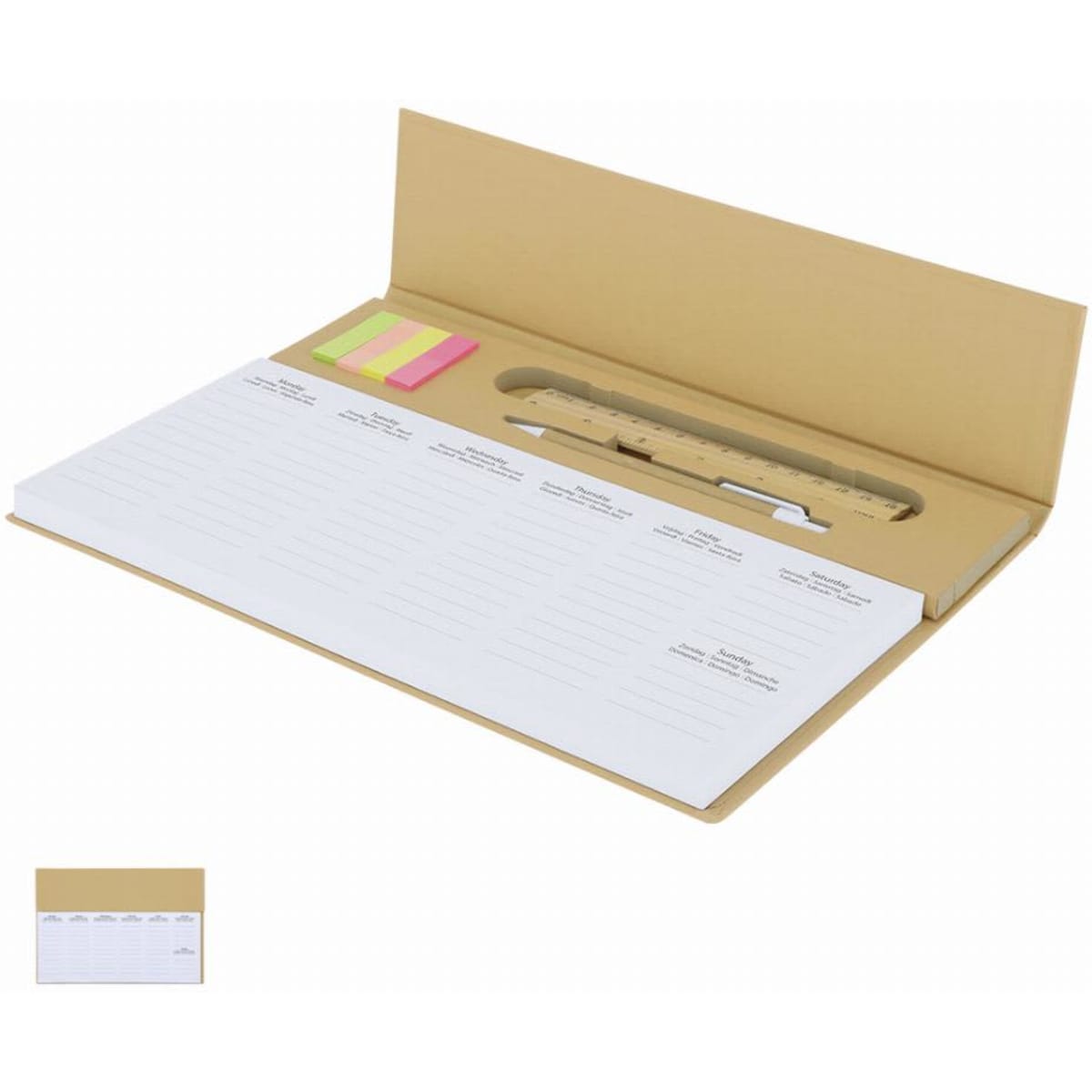 A stationery set featuring a brown folder, ruler, and sticky notes in assorted colours.