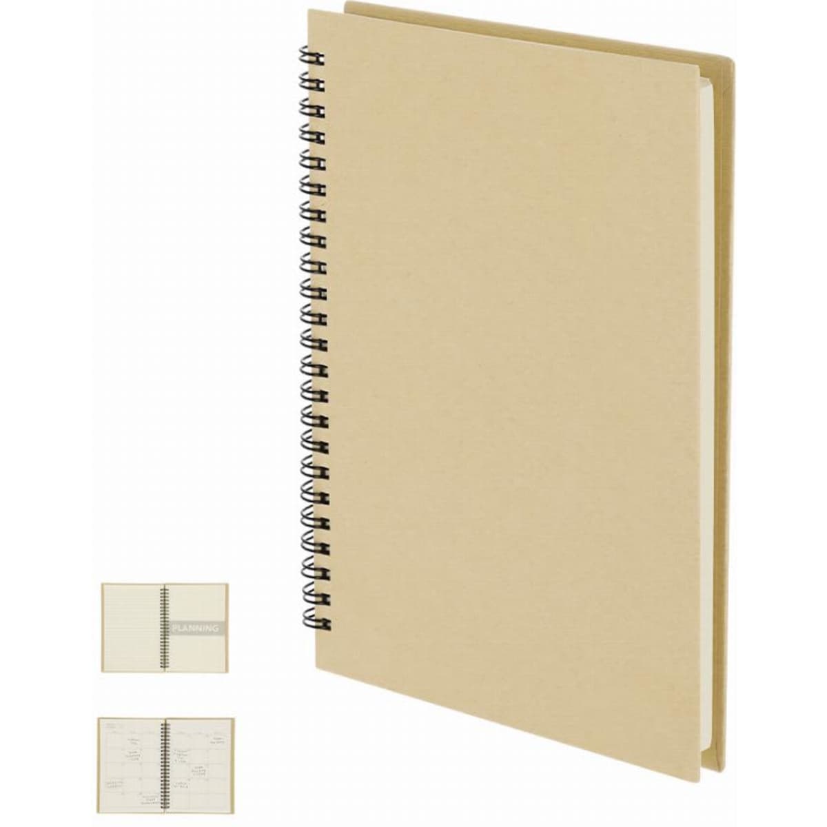 A spiral-bound notebook with a beige cover, featuring blank pages and a simple design.