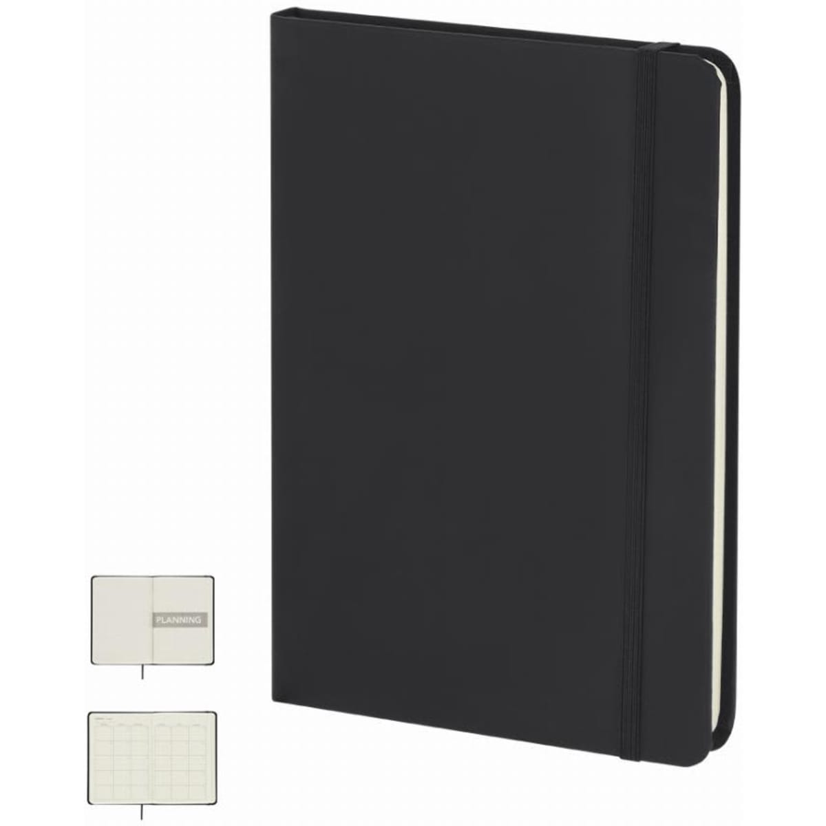 A notebook with a black cover, featuring a logo, and a blank interior with a grid pattern on one page.