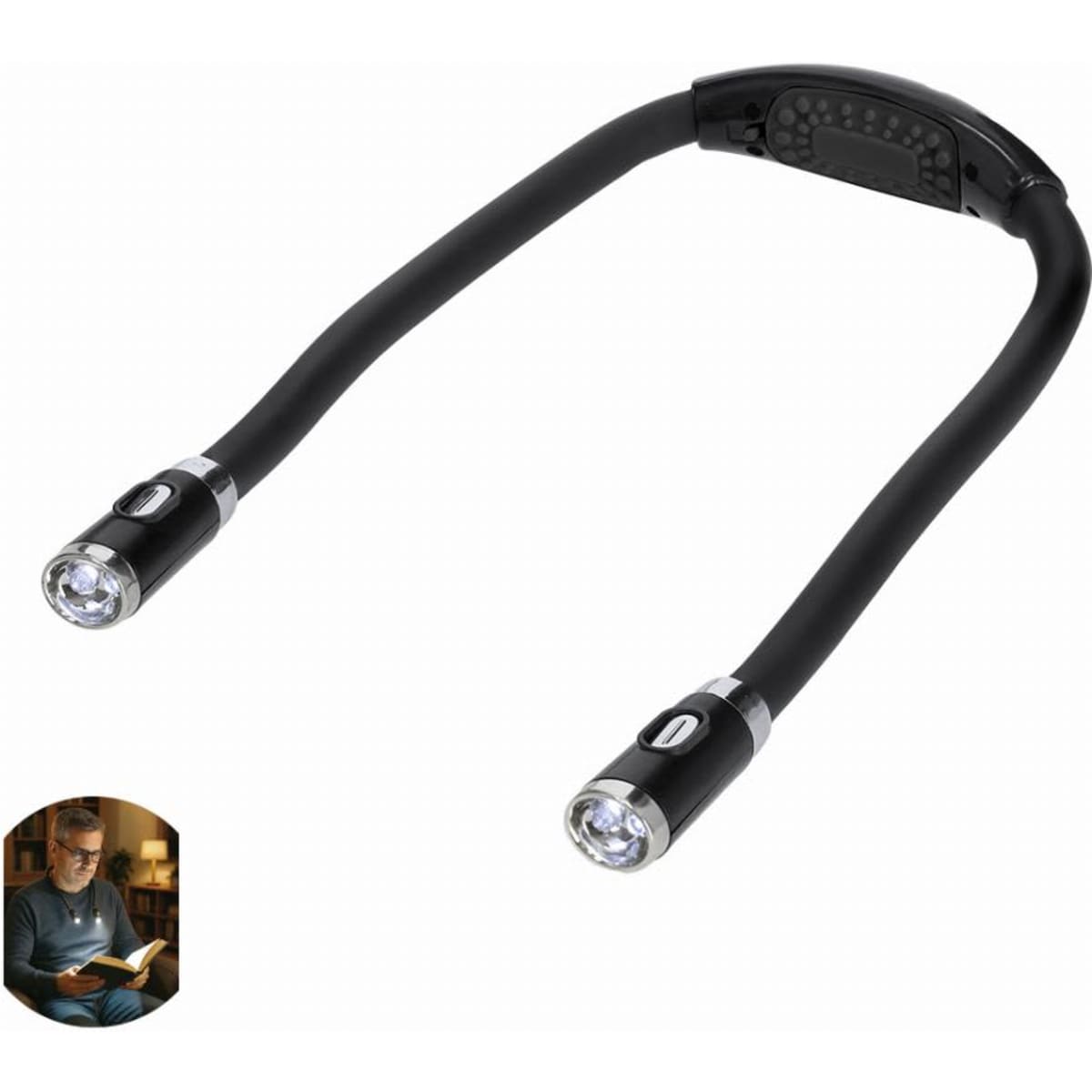 A flexible, black neck light with two adjustable LED lamps at each end and a control button in the centre.