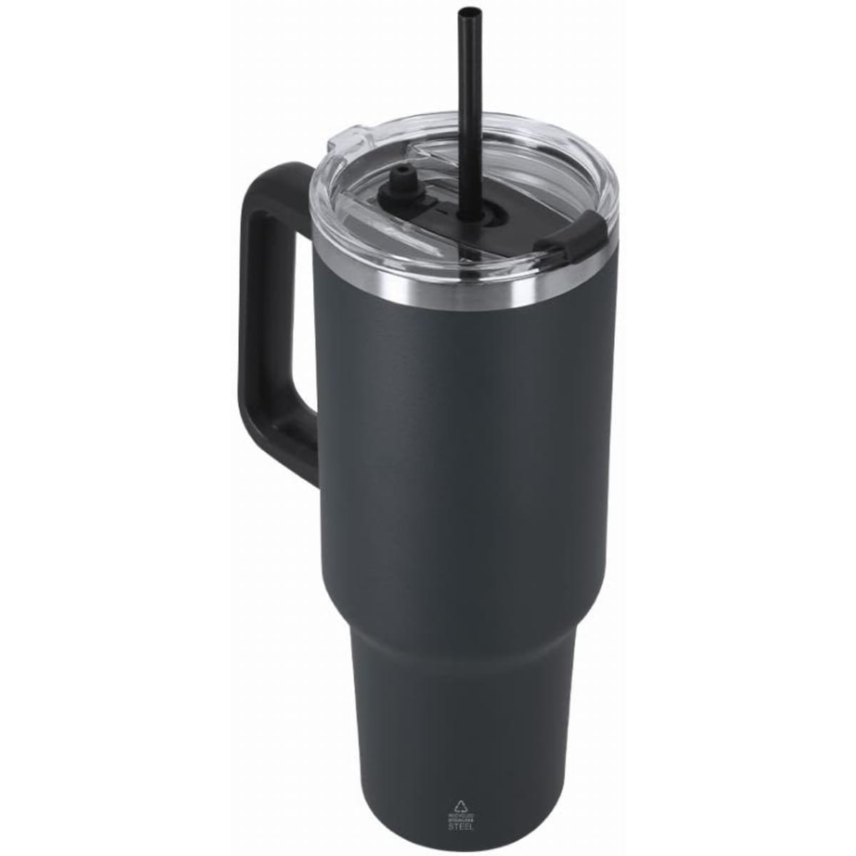 A drink bottle in matte black with a handle, transparent lid, and a straw. It features a logo on the side.