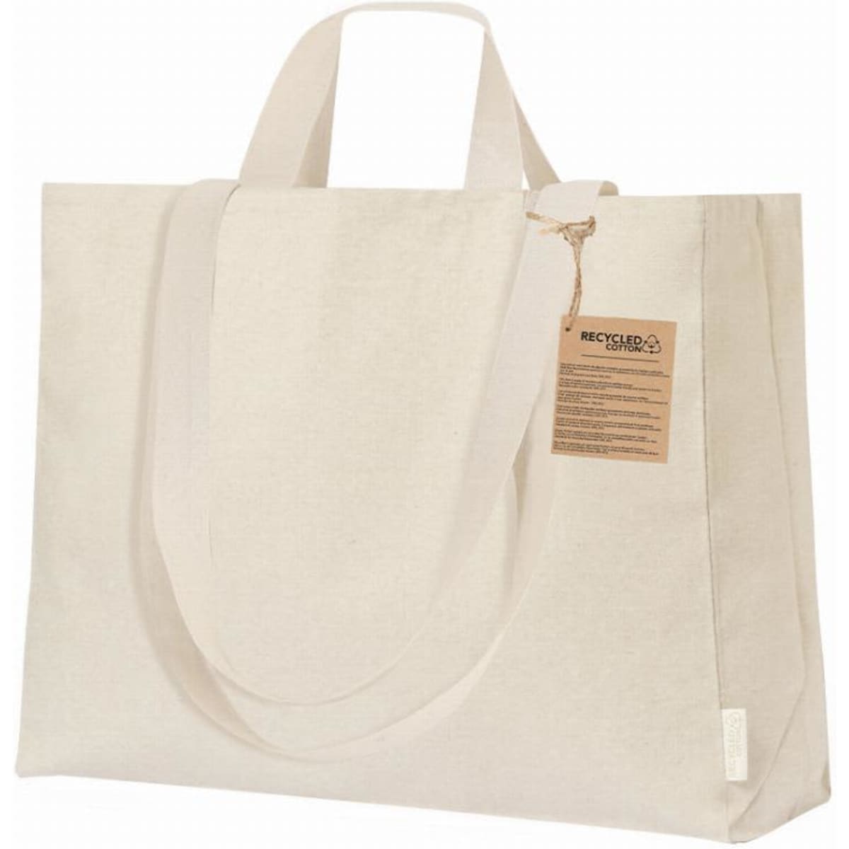 A tote bag in a light cream shade, featuring sturdy handles and a label on one side.