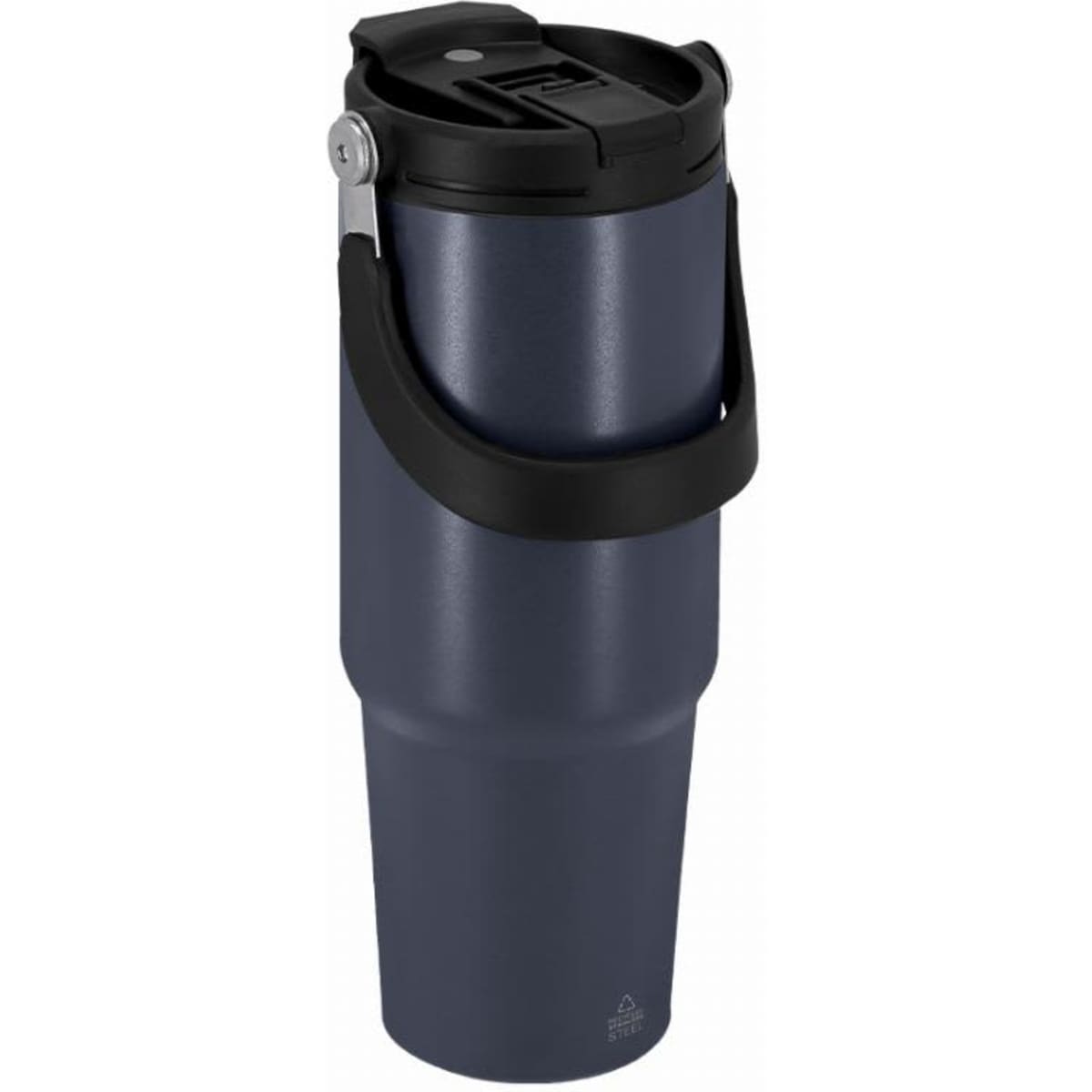 A drink bottle in dark blue with a black lid and handle, featuring a simple design and a logo.