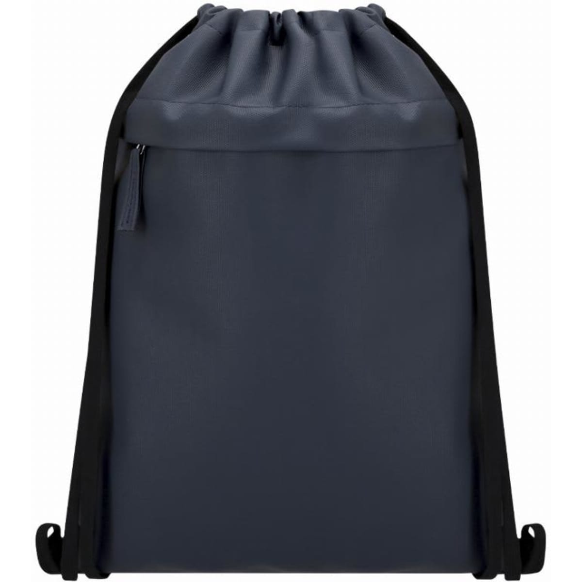 A drawstring backpack in navy blue with black accents and a front zip pocket.
