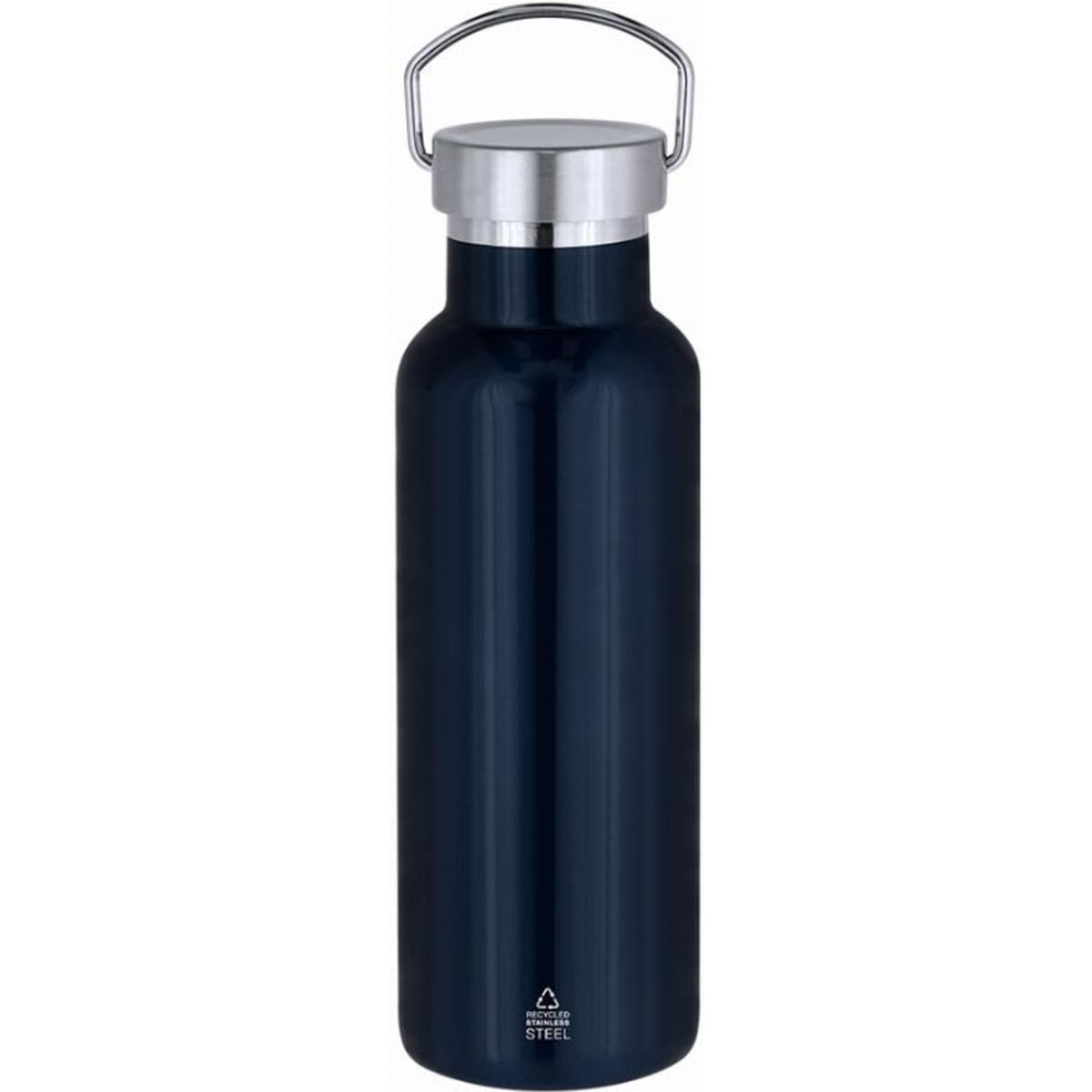 A drink bottle in dark blue stainless steel with a silver lid and a sturdy handle. It features a logo on the base.