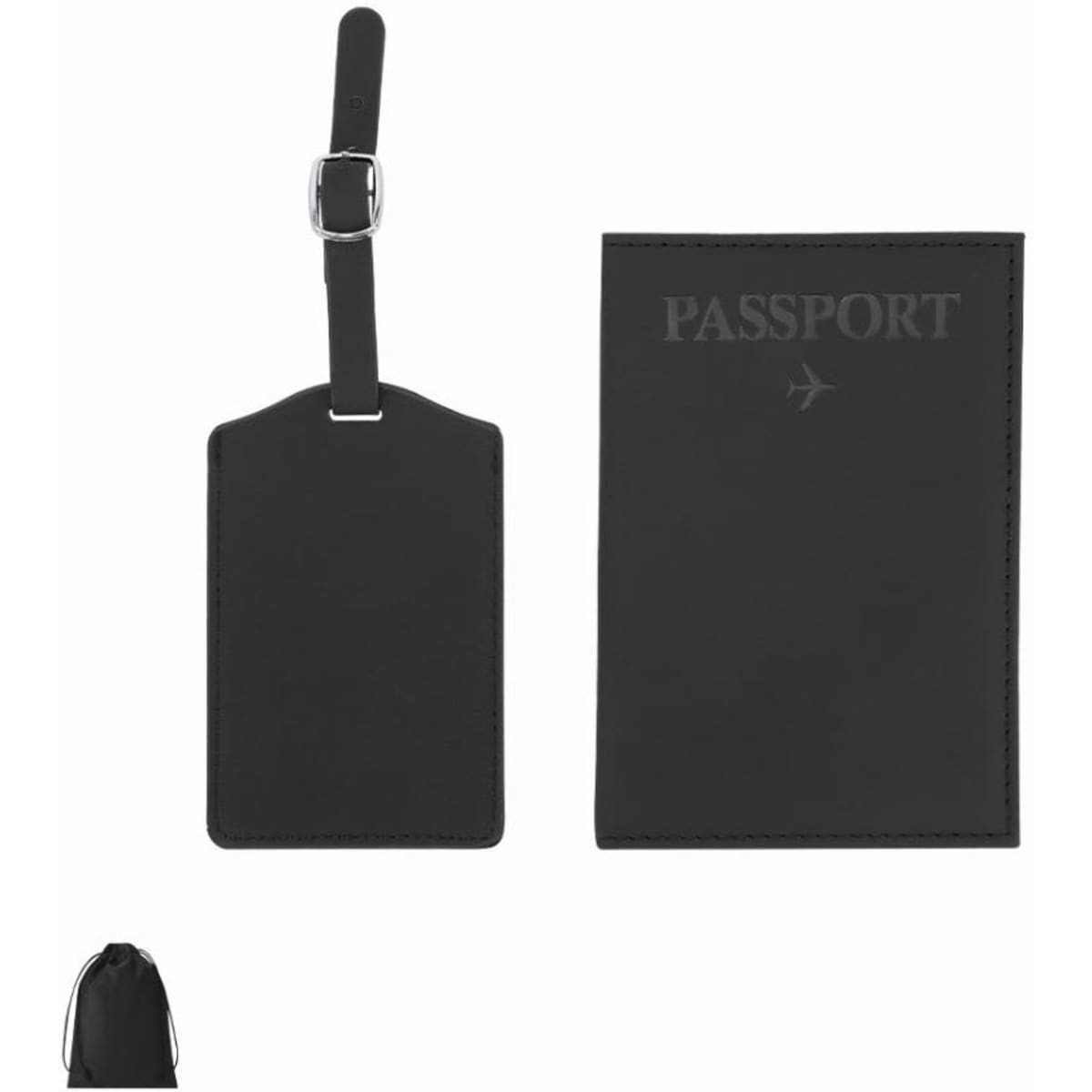 A black passport holder and luggage tag with a buckle strap. Both pieces feature a branding logo.