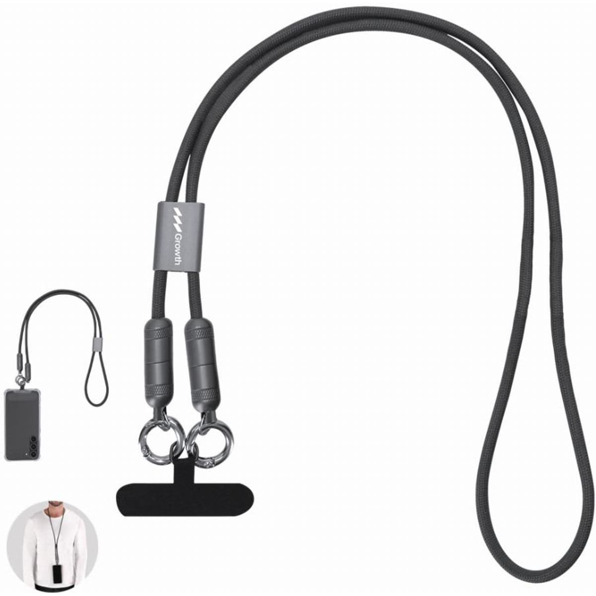 A lanyard with black straps and metal clips, designed for holding identification or small items. Features a branding logo.