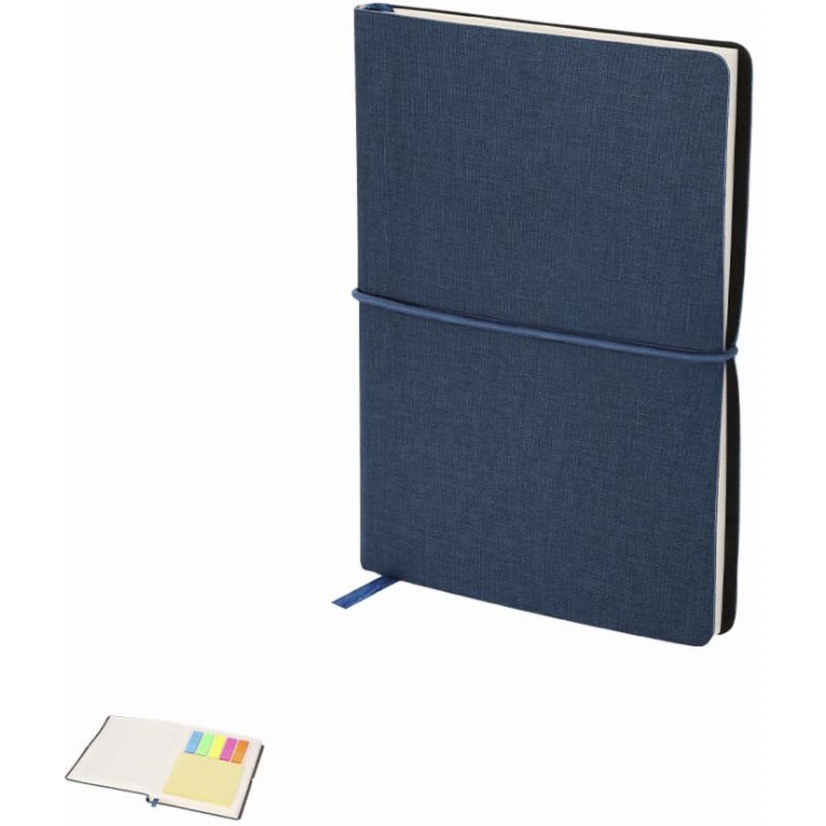 A dark blue notebook with a ribbon closure, featuring an interior pocket with sticky notes.