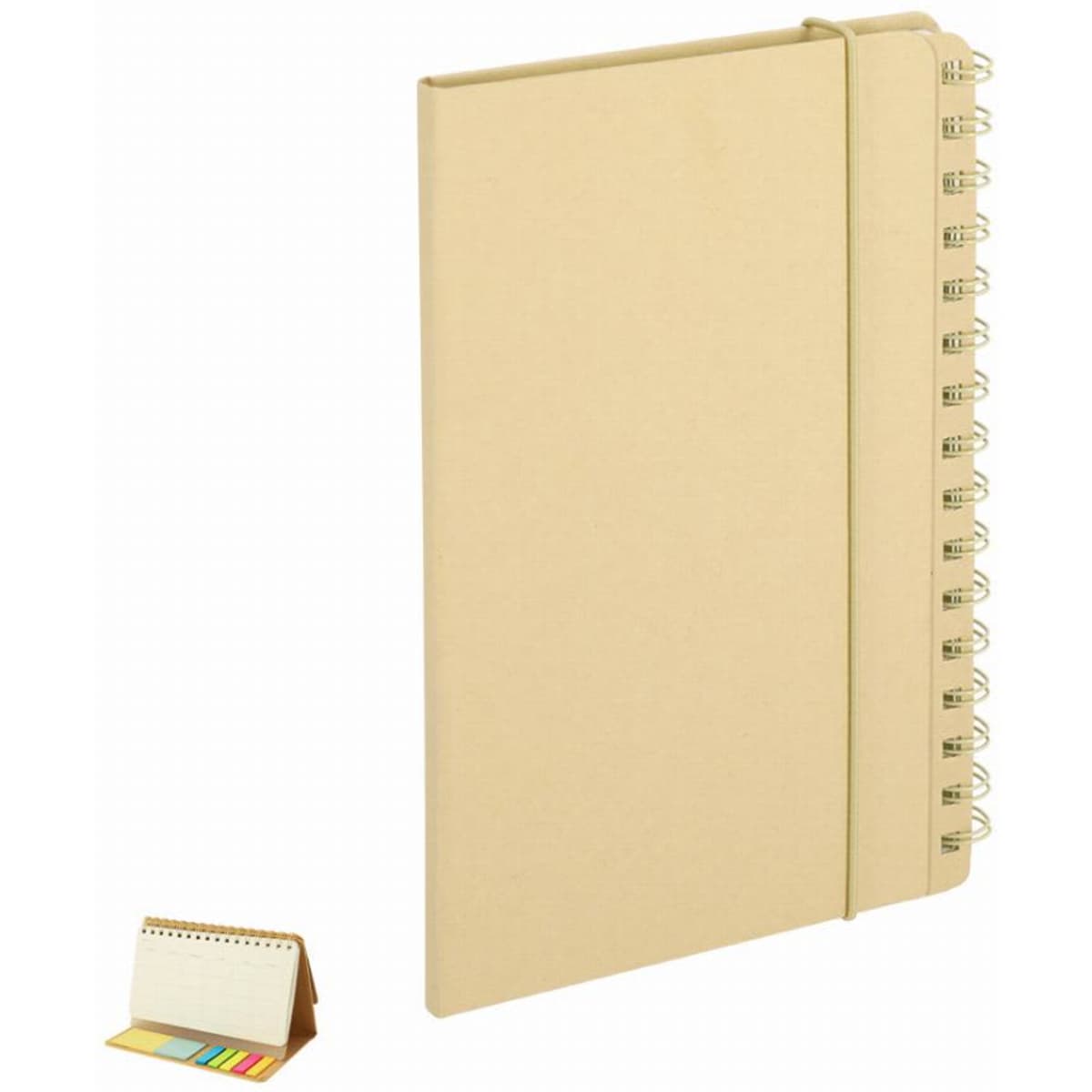 A notebook with a spiral binding and a beige cover, featuring sticky notes and a stand.