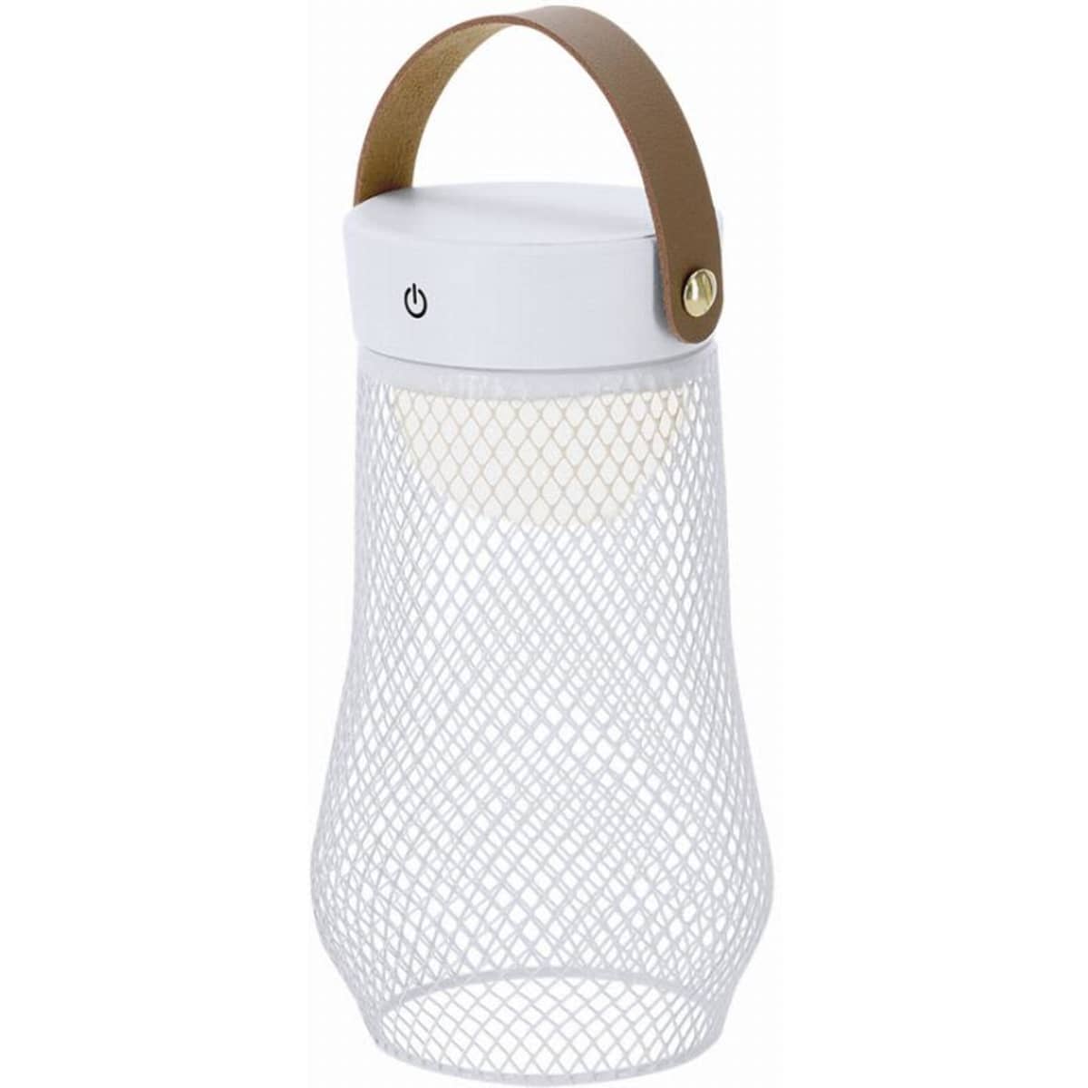 A drink bottle with a white mesh design and a brown handle, featuring a power button on the lid.