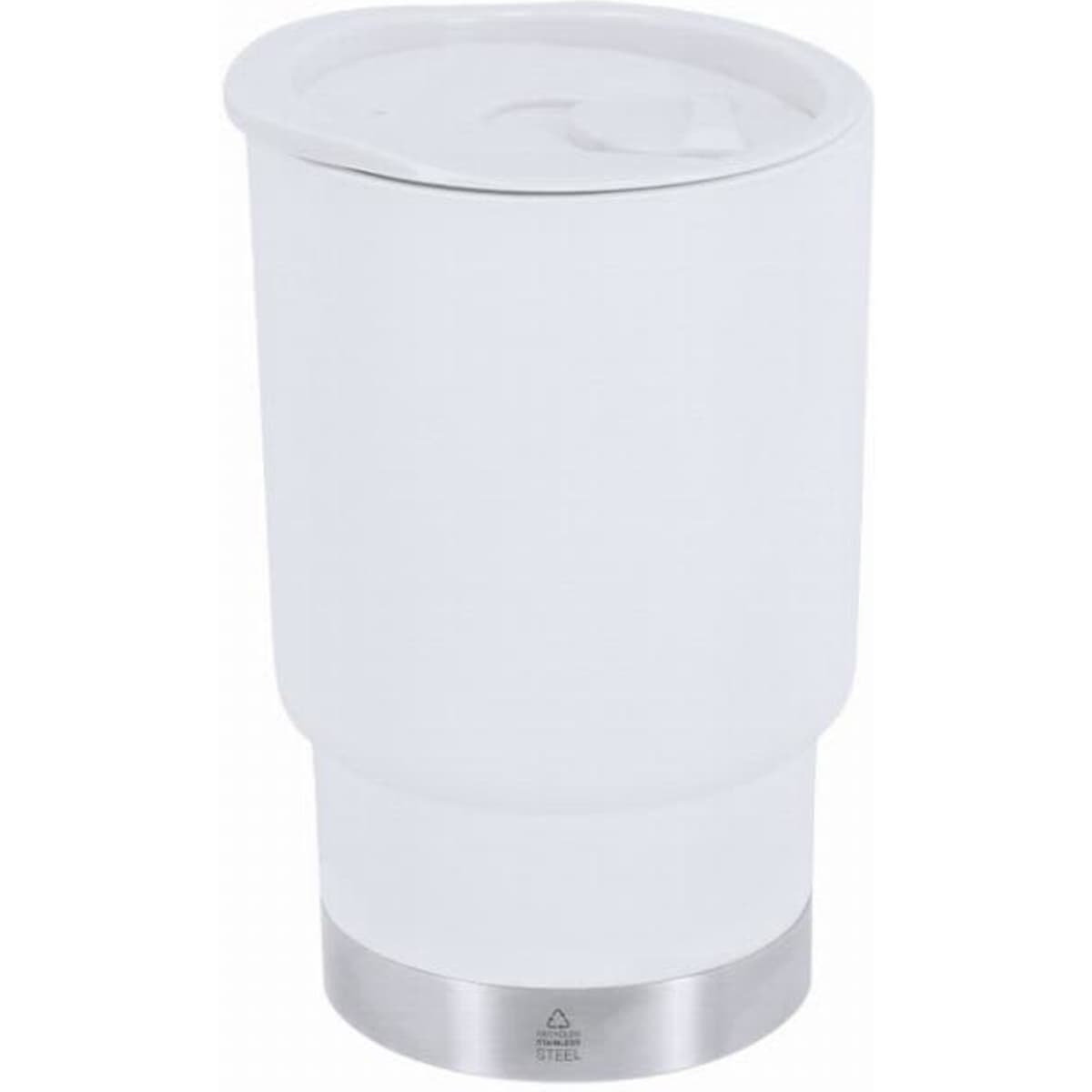 A drink bottle in white with a stainless steel base and a lid, featuring a simple design.