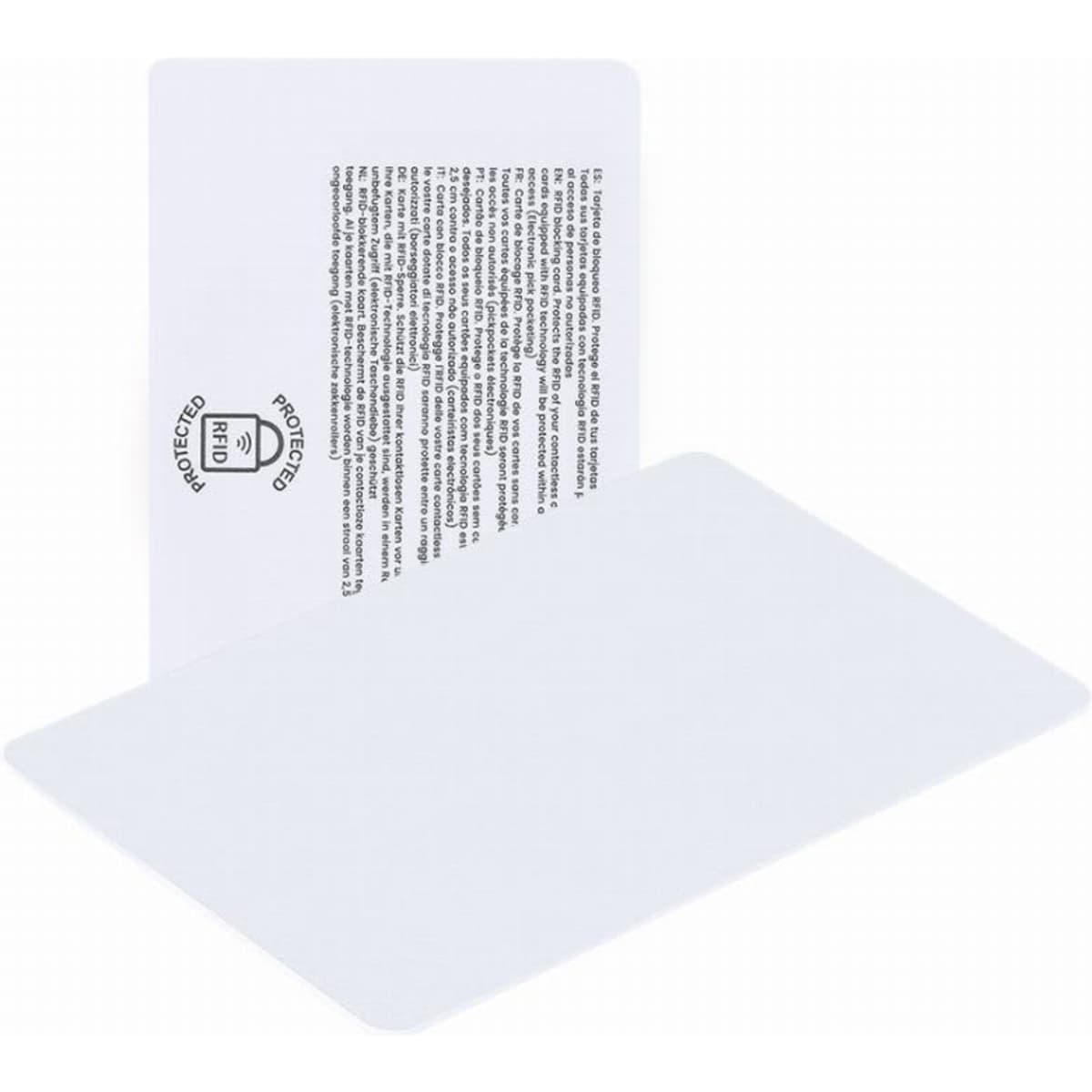 A white card with a printed text on one side and a blank surface on the other side. It features a logo.